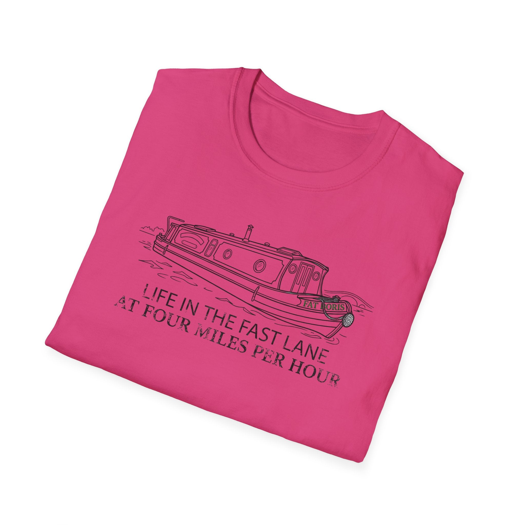Fat Boris Canal Boat T-Shirt — "Life in the Fast Lane at Four Miles Per Hour" Vintage Narrowboat Tee