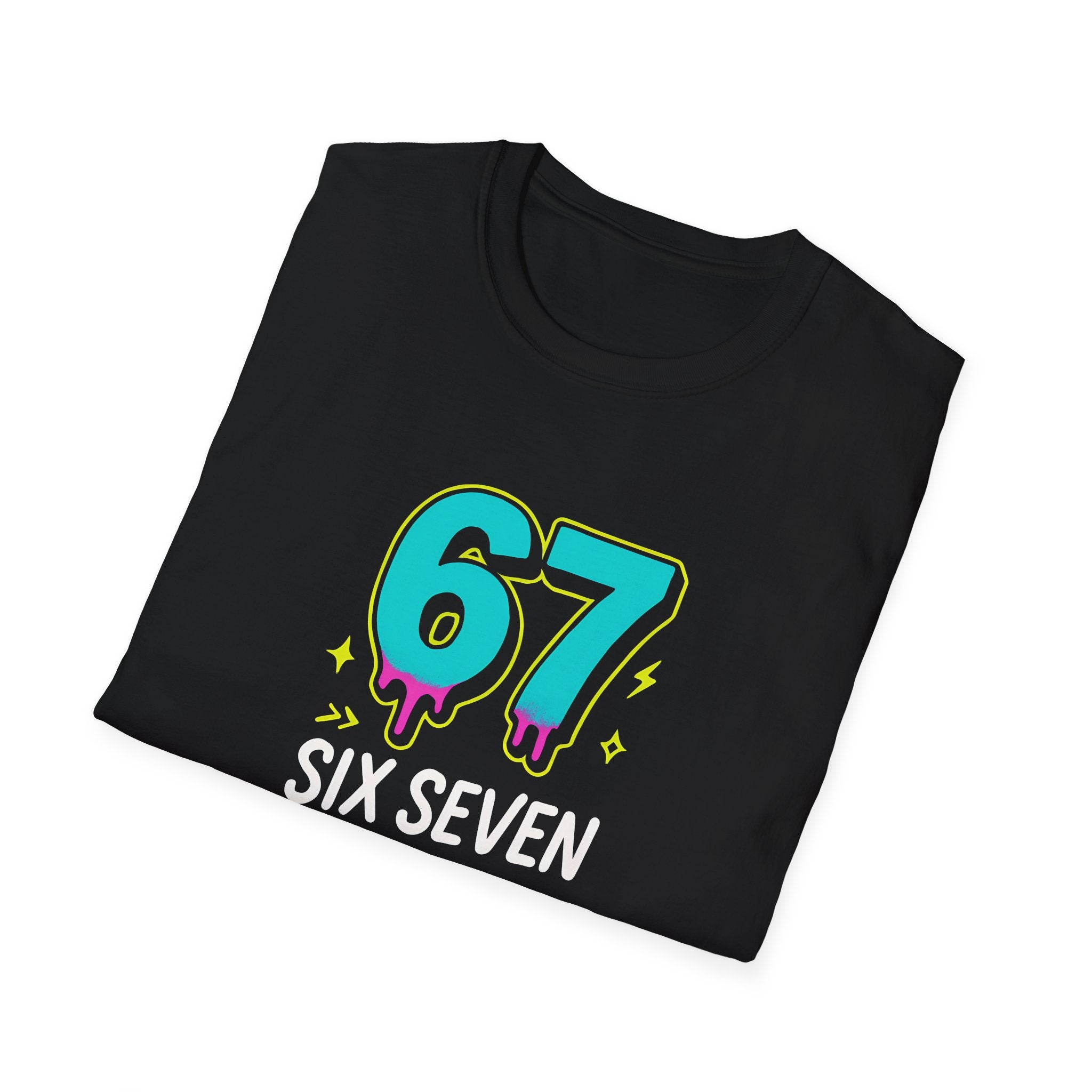 Folded black t-shirt with colorful '67 Six Seven' design on a white background