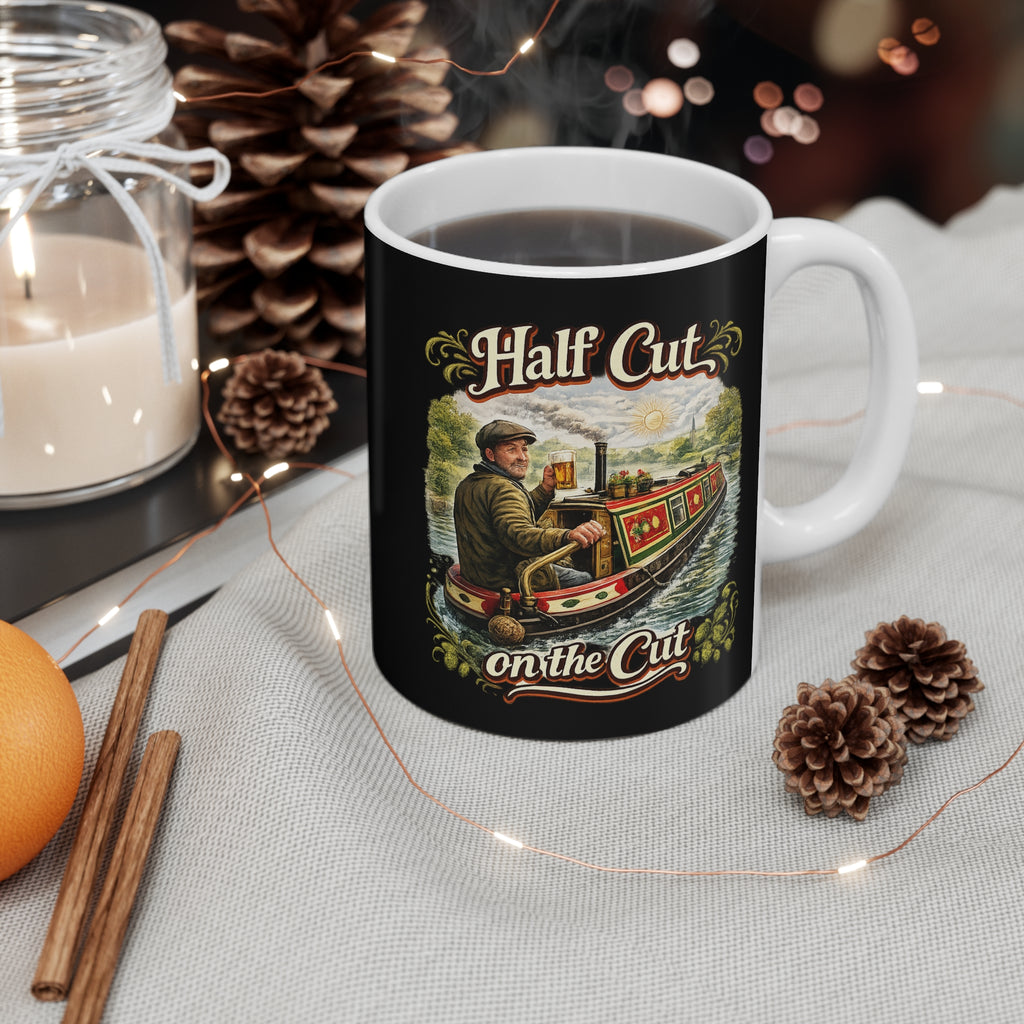 Black mug with 'Half Cut on the Cut' design featuring a man on a boat, surrounded by decorative items like pine cones and an orange.