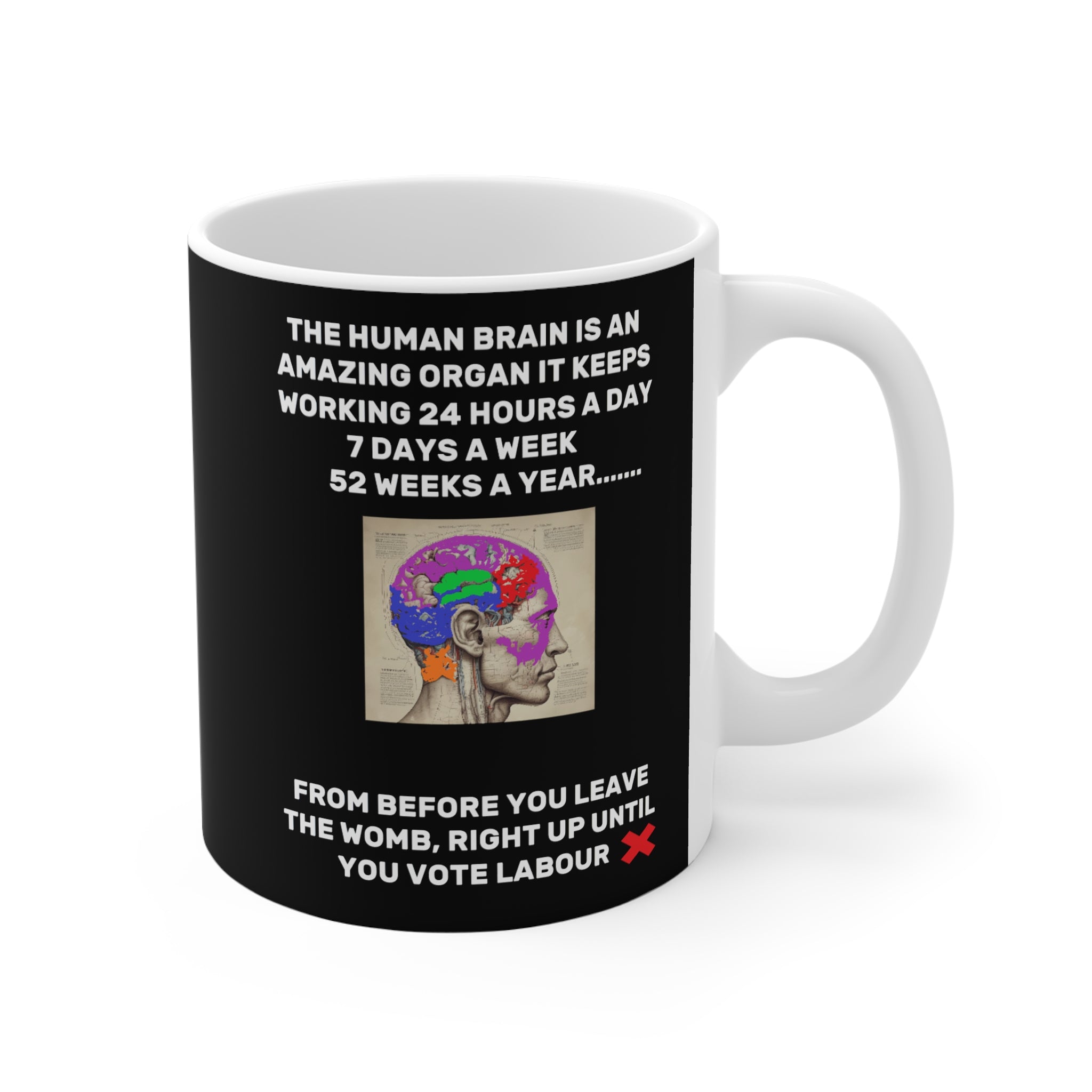 Mug with political message about the human brain and voting for Labour on a white background