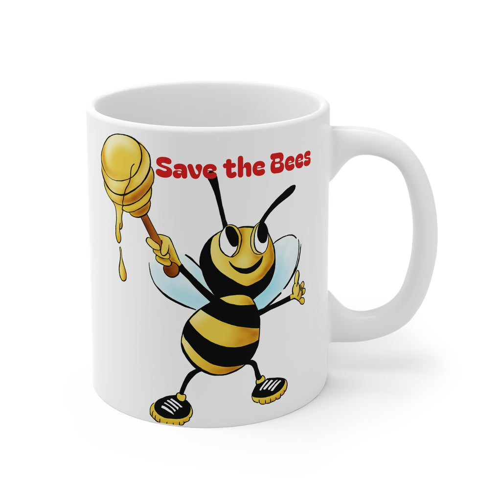 Mug with a bee holding honeycomb and 'Save the Bees' text on a white background