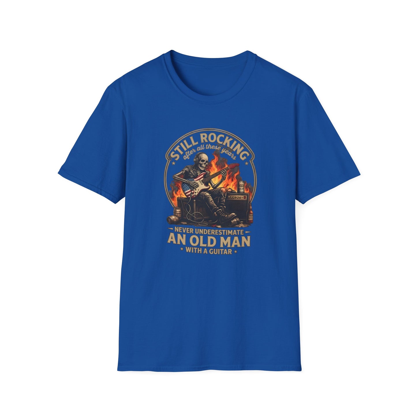 Close-up of the skeleton playing the US-flag guitar on the "Still Rocking" blue t-shirt print.