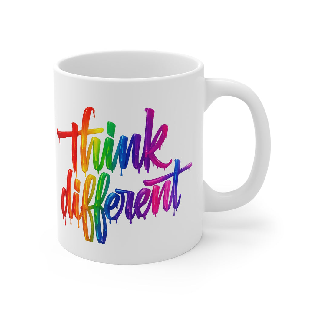White mug with 'think different' in colorful letters on a white background