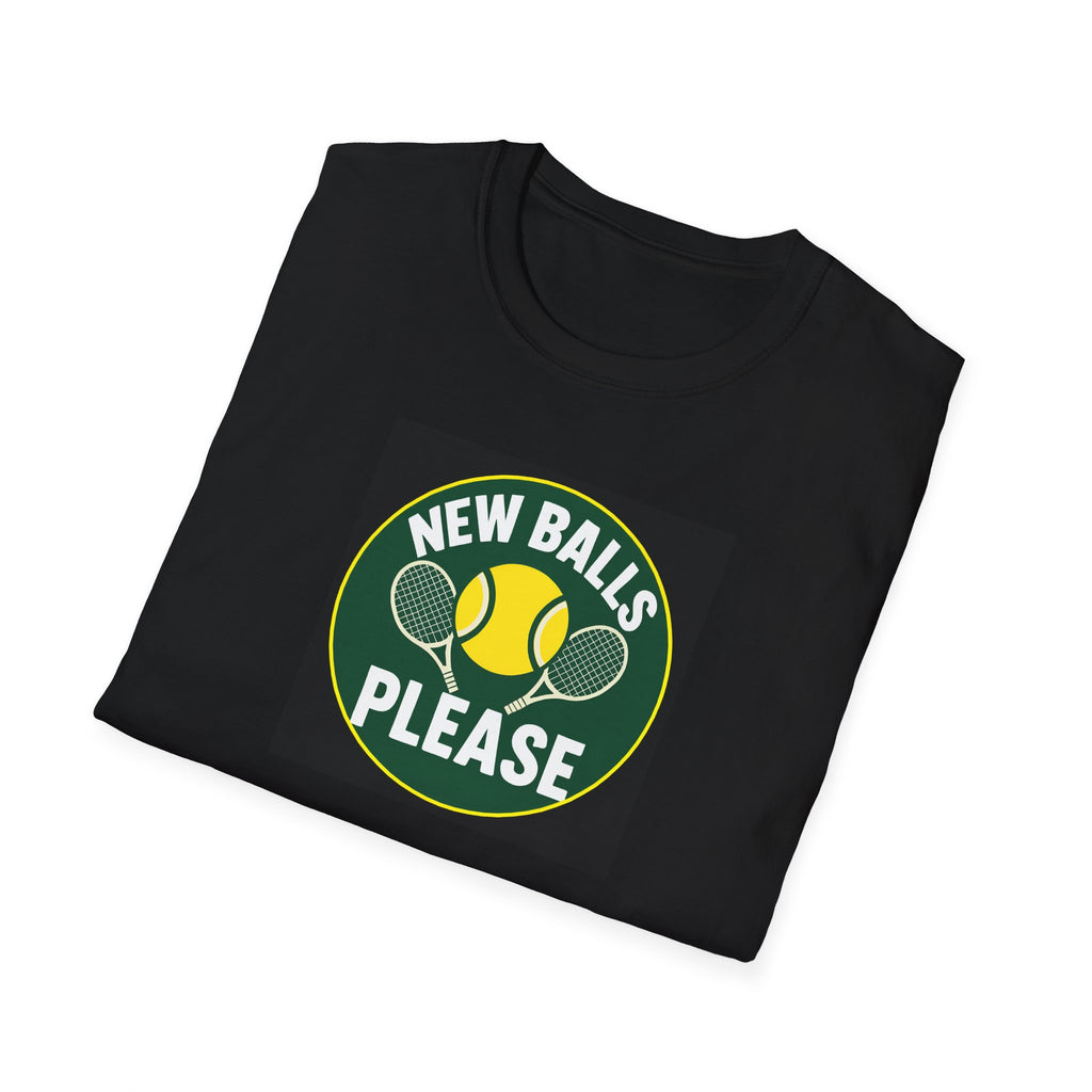 Black t-shirt with 'New Balls Please' graphic on a white background