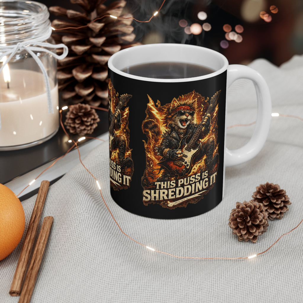 Rock Cat Guitar Mug — "This Puss Is Shredding It" 11oz Coffee Cup 