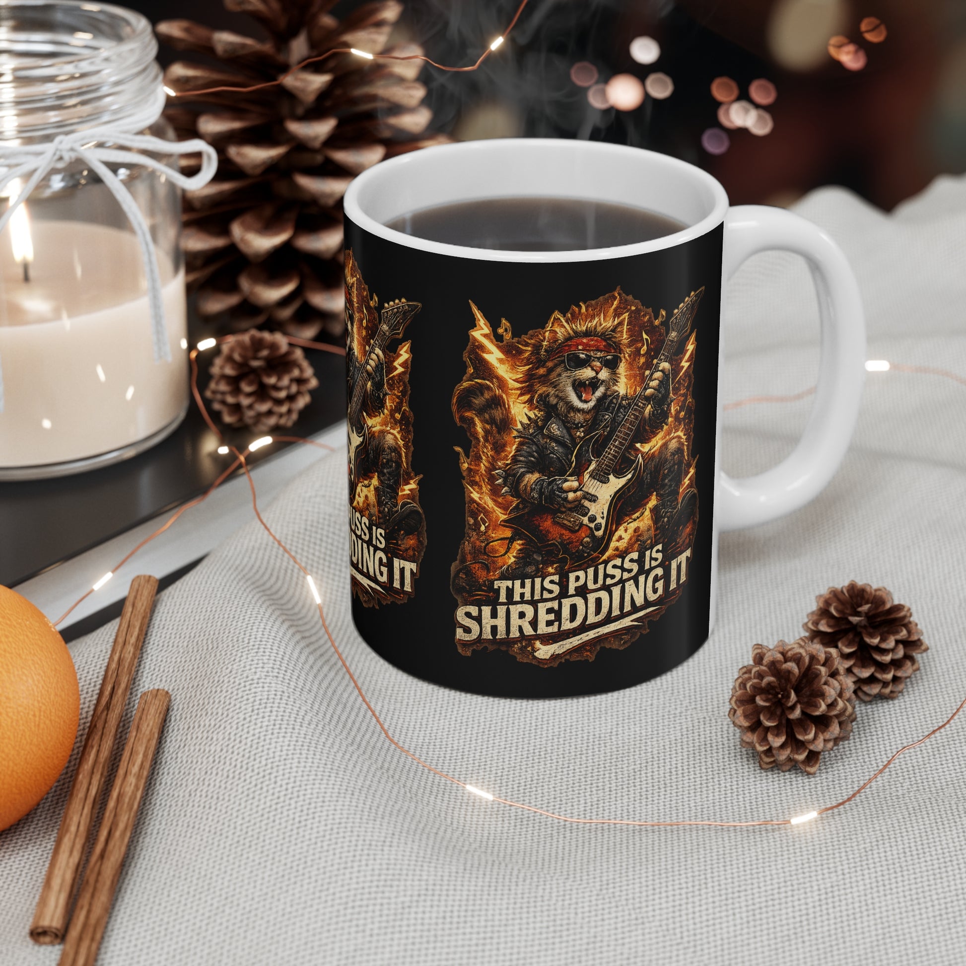 Rock Cat Guitar Mug — "This Puss Is Shredding It" 11oz Coffee Cup 