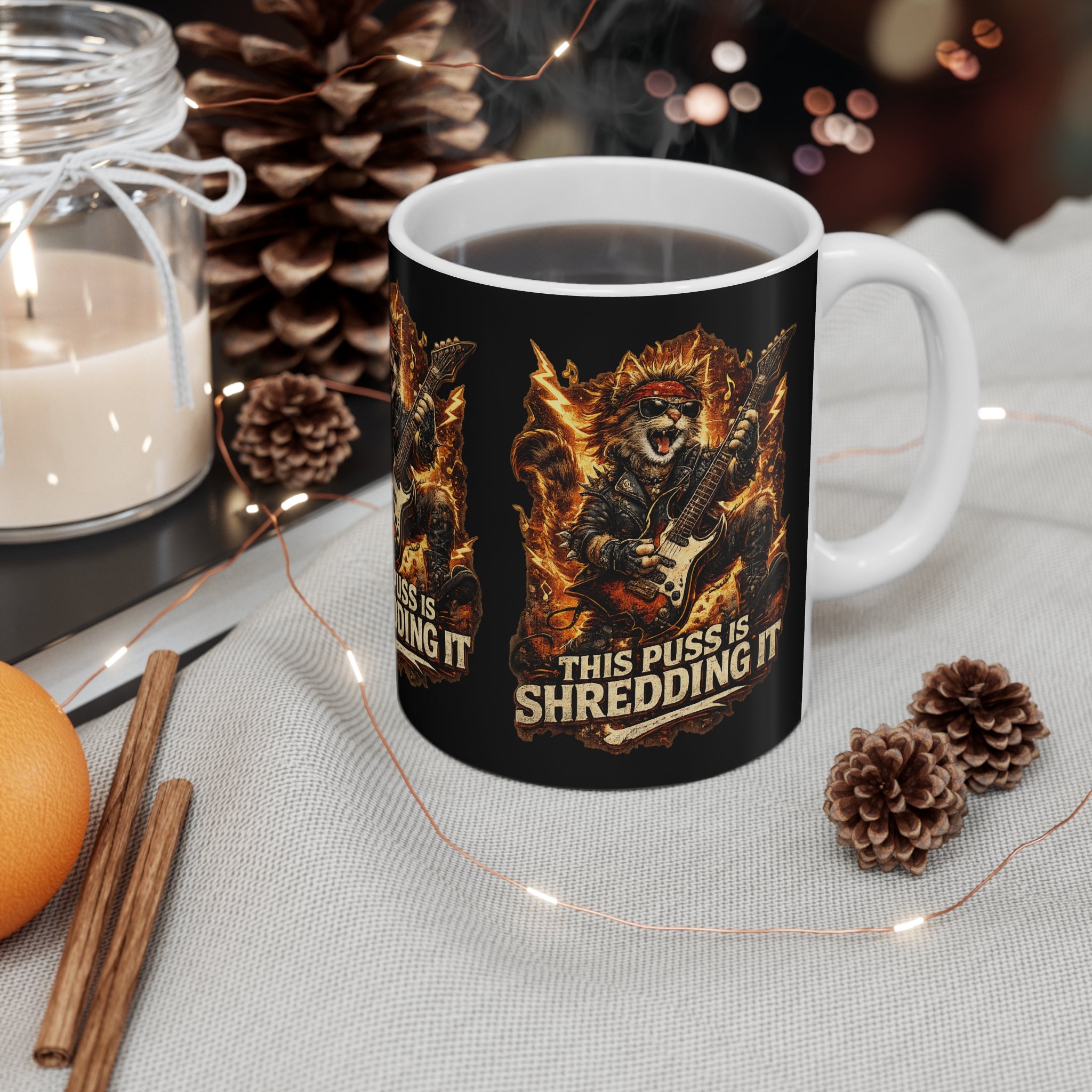 Rock Cat Guitar Mug — "This Puss Is Shredding It" 11oz Coffee Cup 