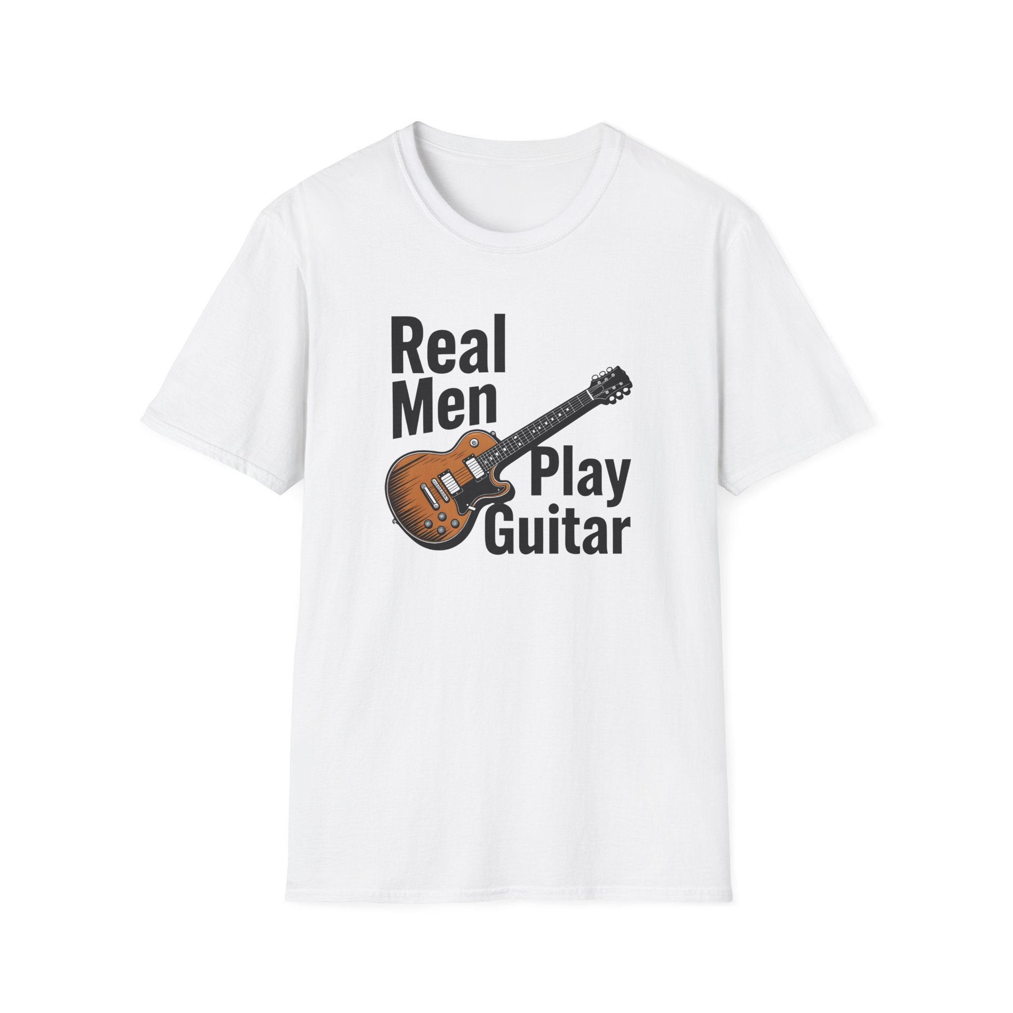 White t-shirt with a graphic of a guitar and text 'Real Men Play Guitar' on a white background