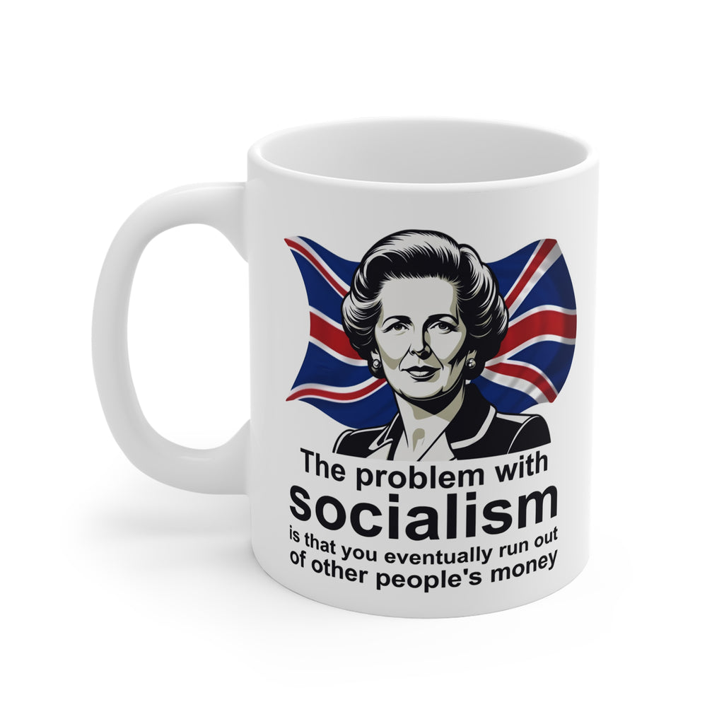 Margaret Thatcher coffee mug with famous quote "The problem with socialism is that you eventually run out of other people's money" on Union Jack background – Conservative gift from Fat Boris Store