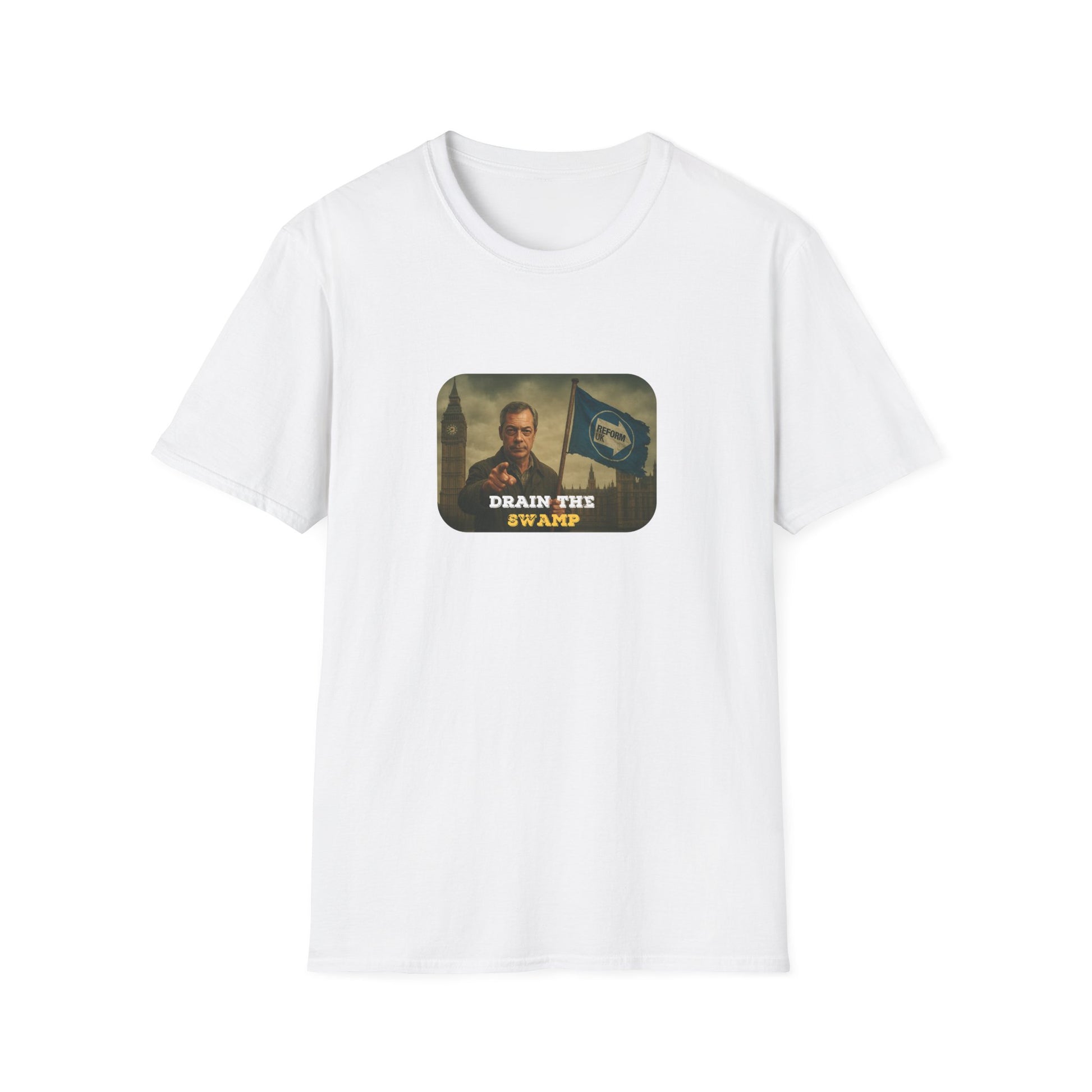  Fat Boris design – Drain the Swamp, a dystopian political protest print white T-shirt outside the houses of parliament