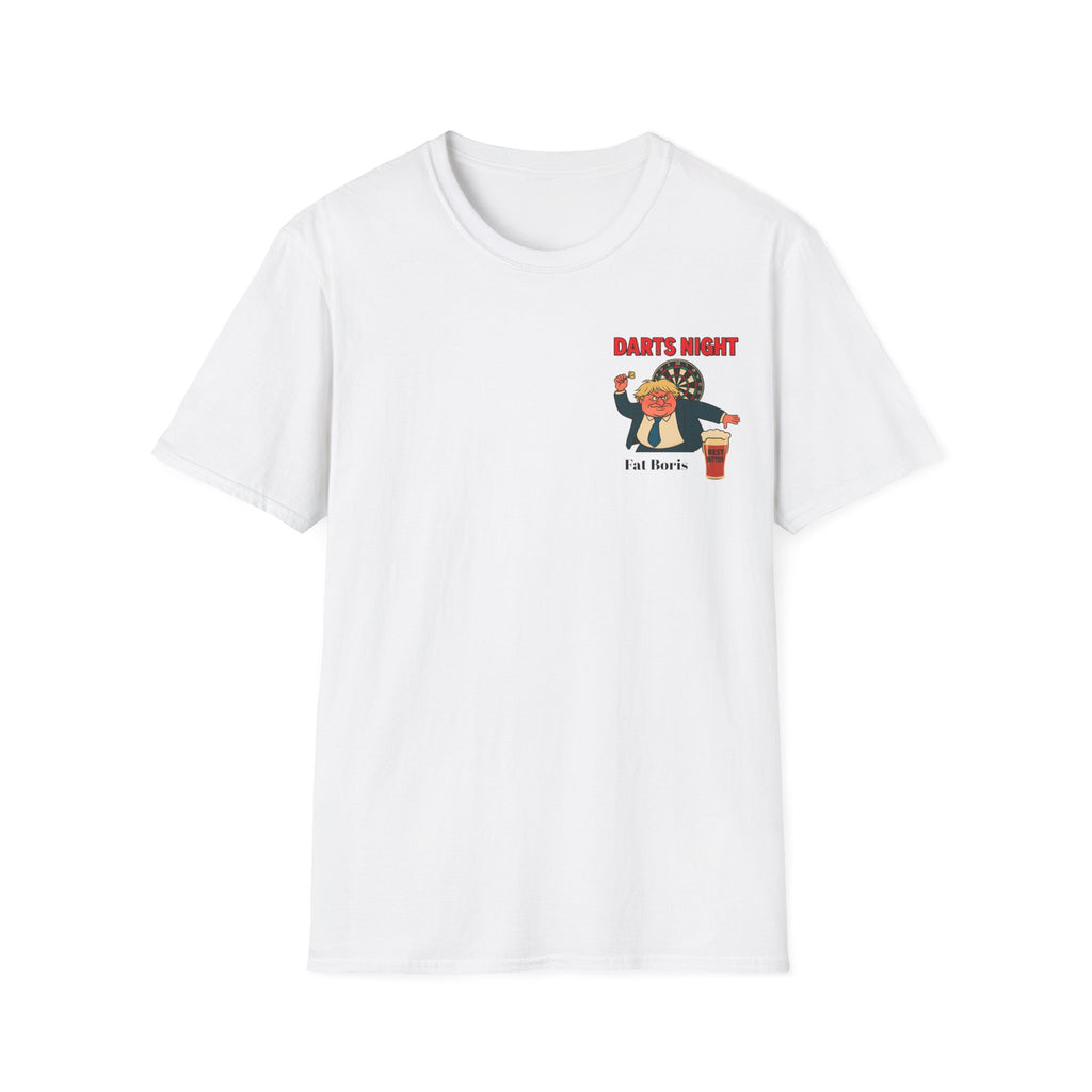 White t-shirt with a graphic Darts night  design on a white background