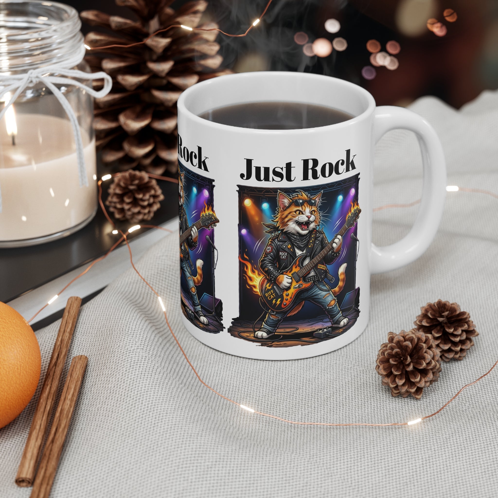 Just Rock Cat Guitar Mug — Funny Rocker Cat Coffee Cup Printify