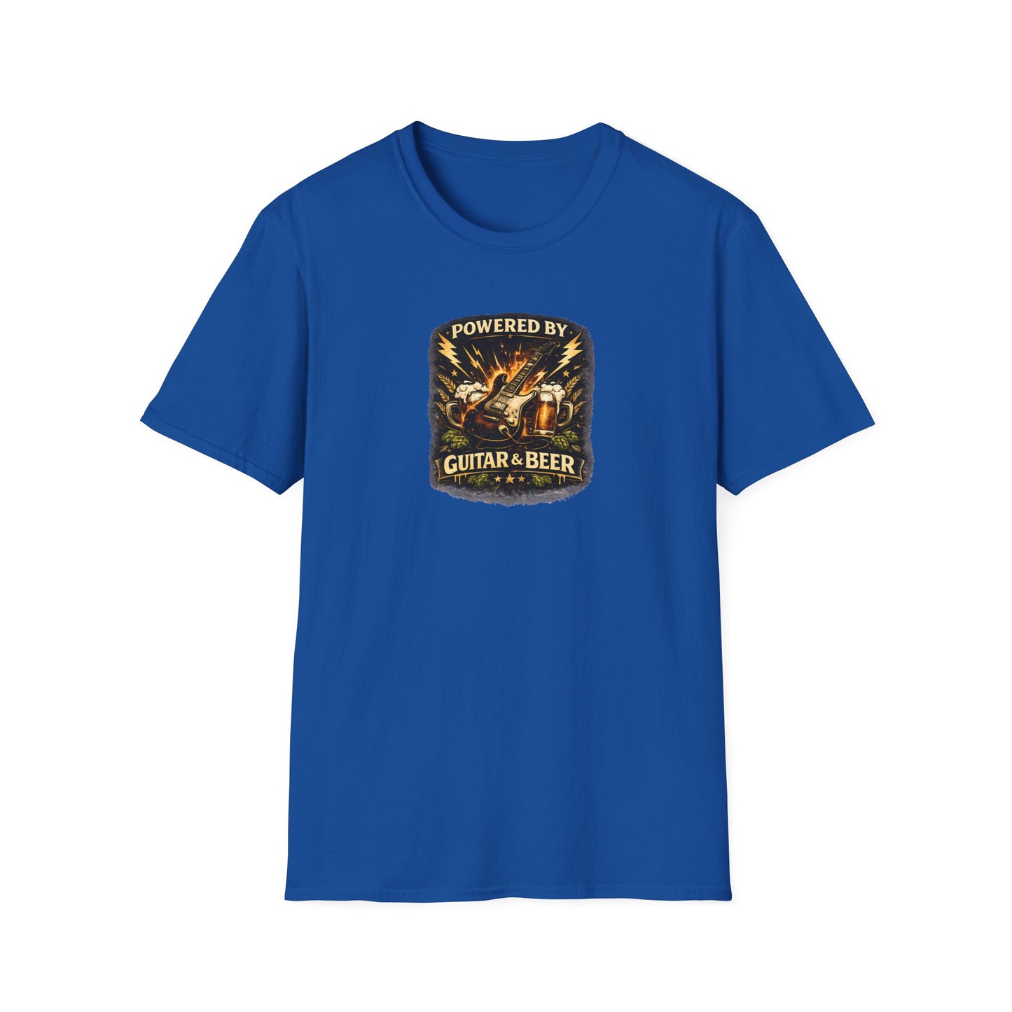 Blue t-shirt with 'Powered by Guitar & Beer' graphic on a white background