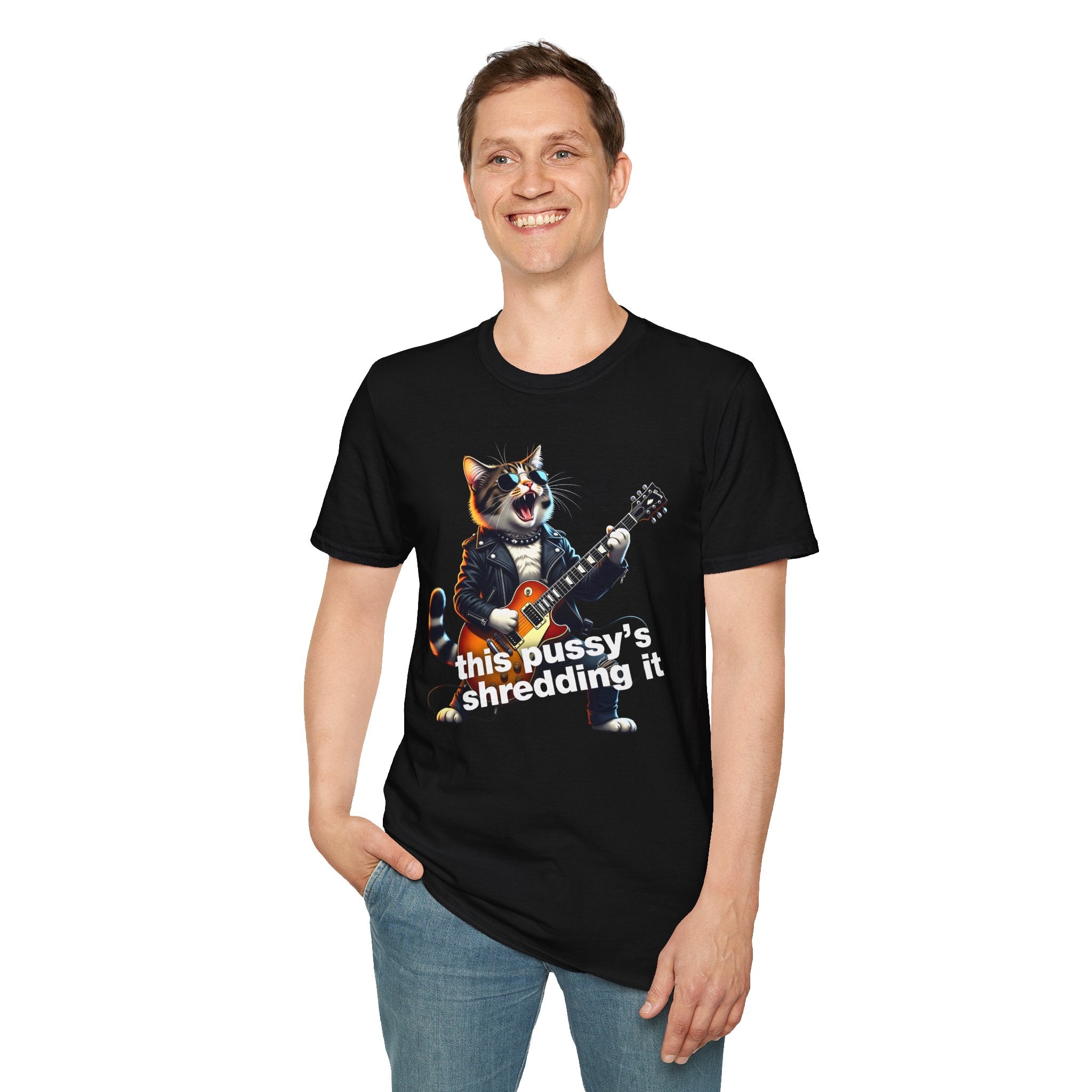 T-Shirt — Rockin' Cat Guitar Graphic "This Pussy's Shredding It" Printify