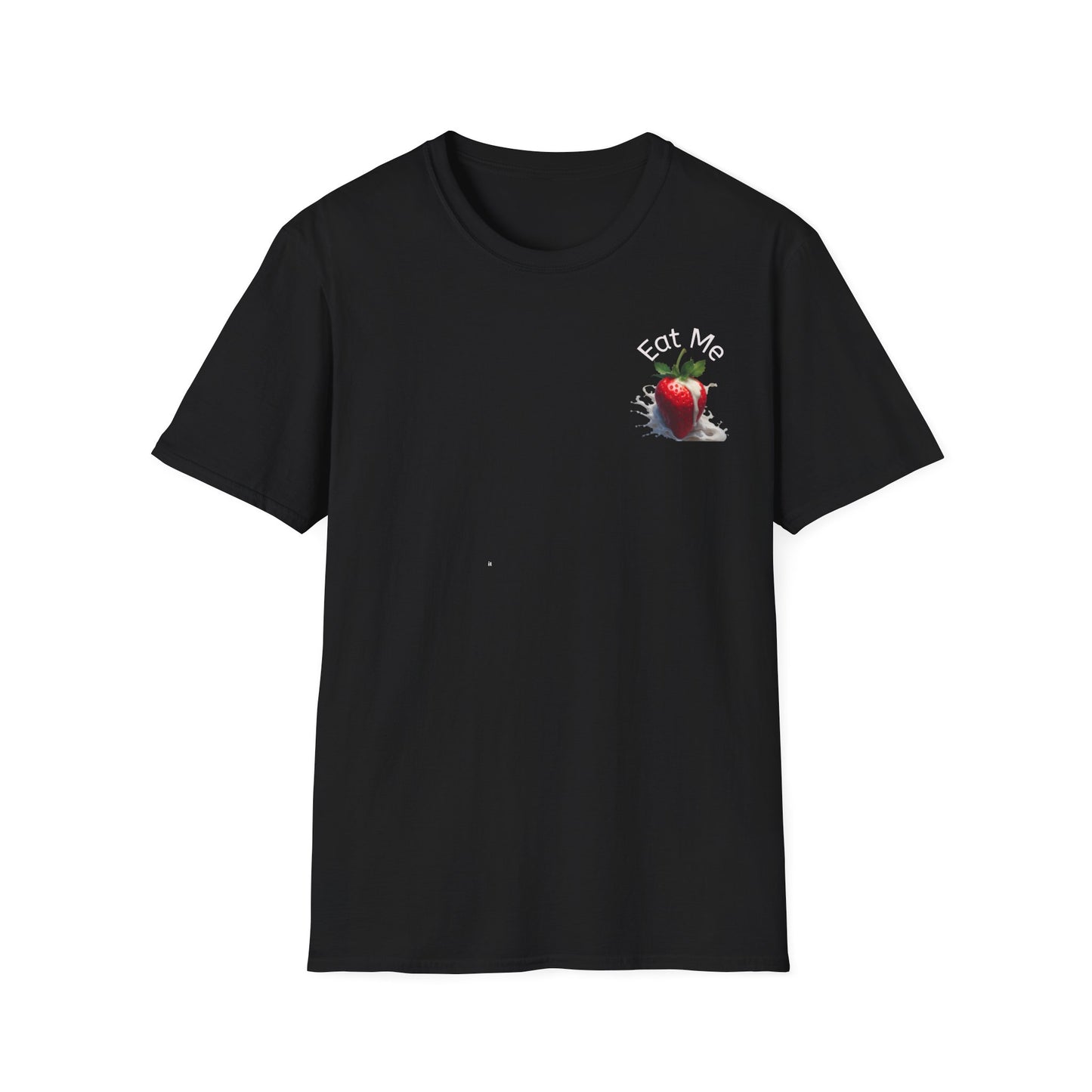 Black t-shirt with a strawberry and cream graphic and 'Eat Me' text on a white background