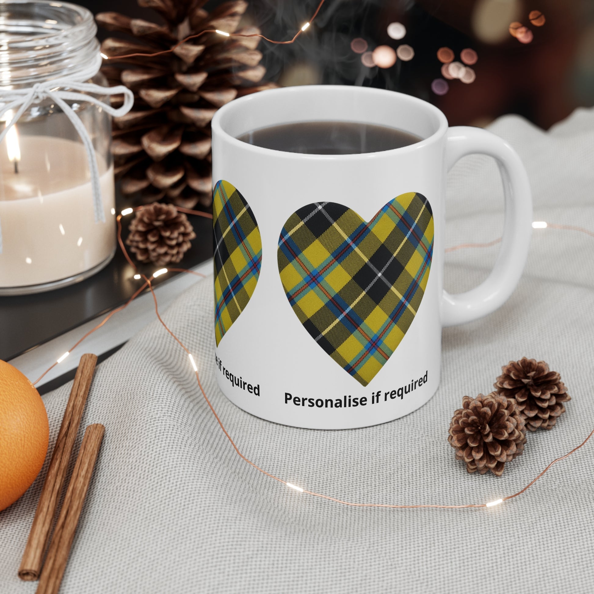 Cornish Tartan Heart Mug - Personalised 11oz Ceramic Coffee Cup | Fat Boris Personalised Collection Printify