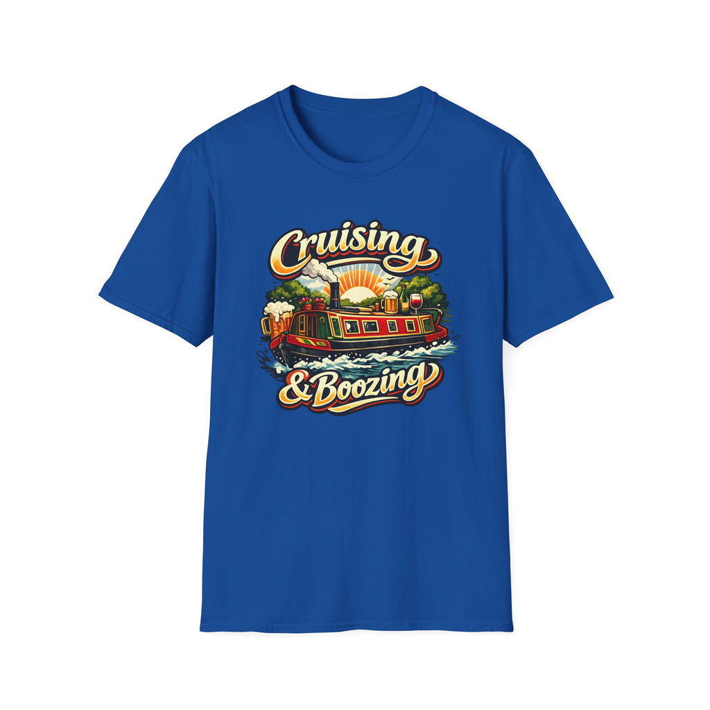 Blue t-shirt with 'Cruising & Boozing' graphic design on a white background