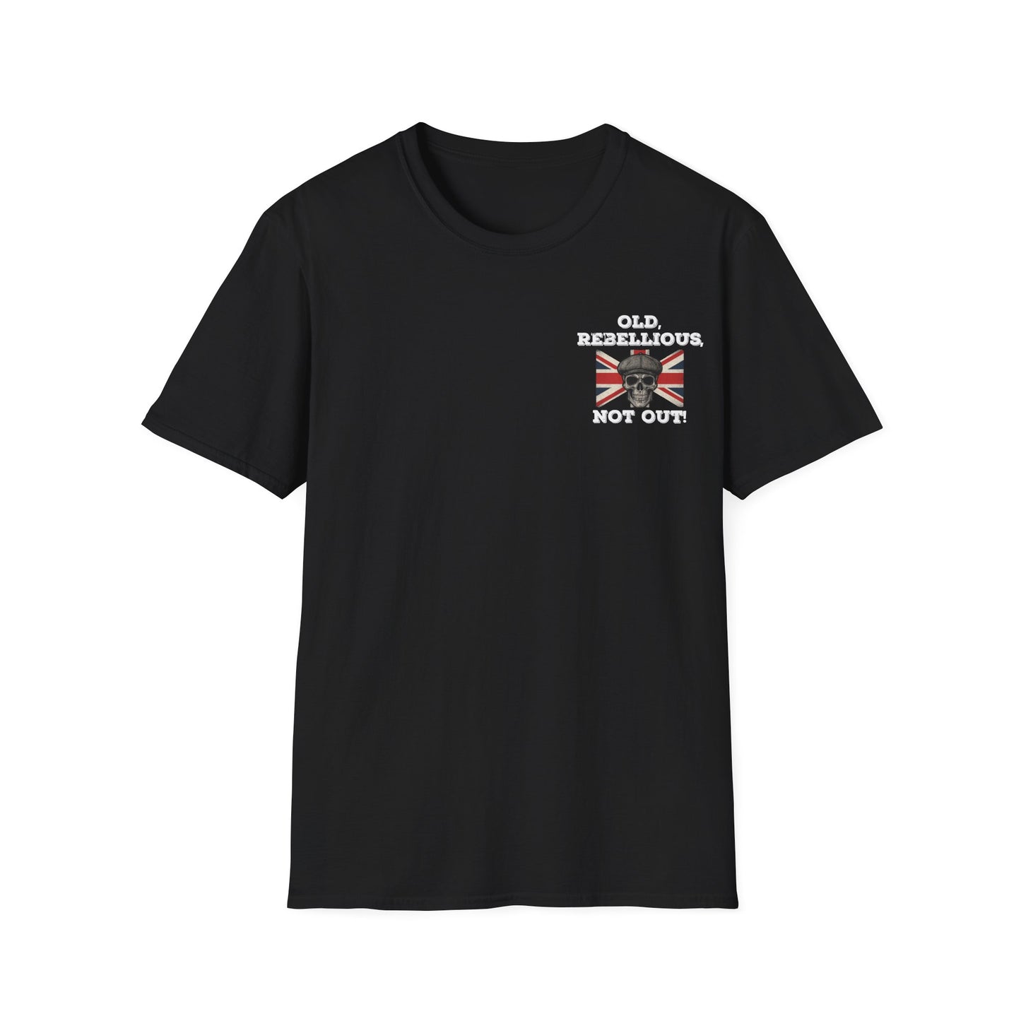  Smiling skull, man image on a black T-shirt with British flag pocket print that reads “Old, Rebellious, Not Out” with a skull graphic.