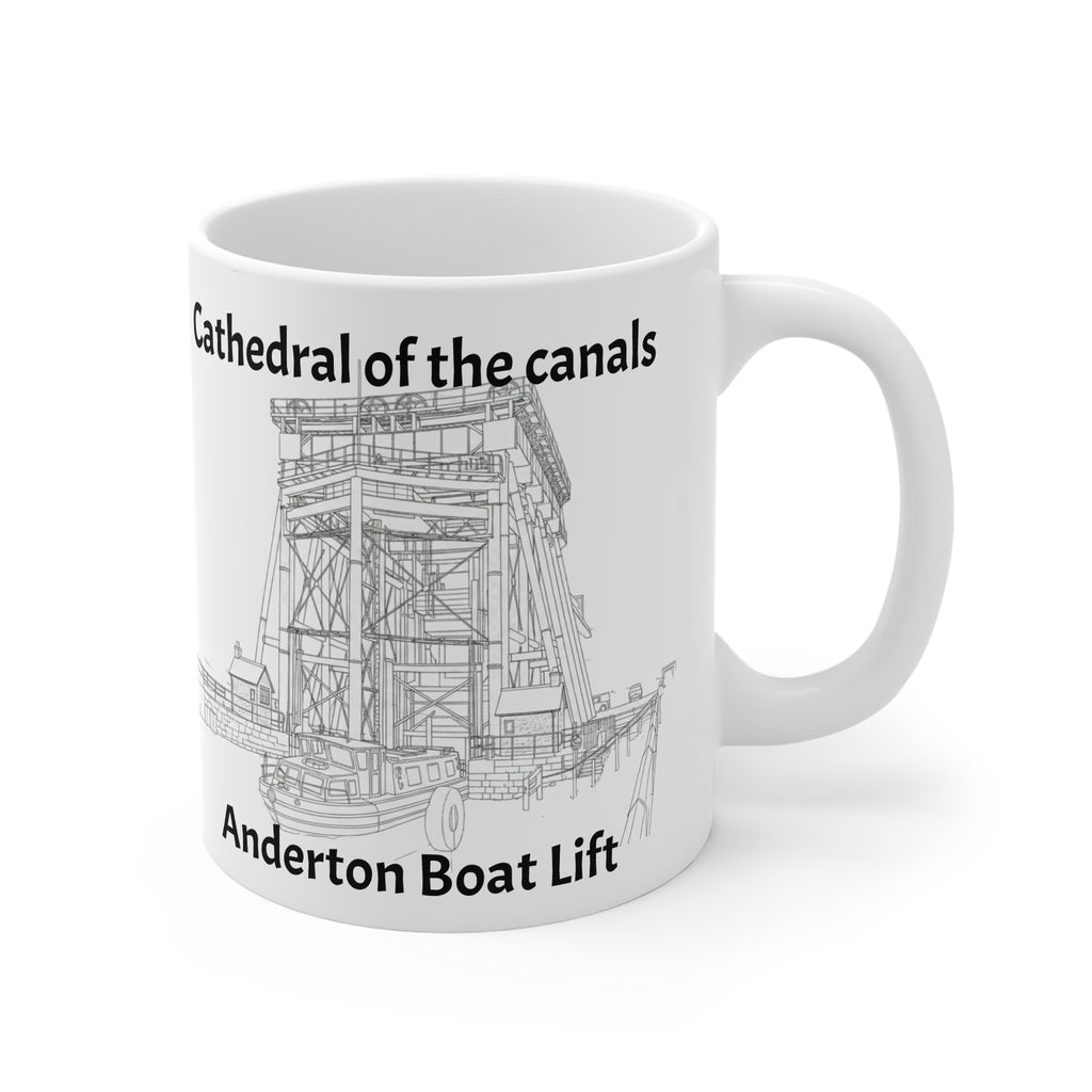 White mug with black text and illustration of Anderton Boat Lift on a white background