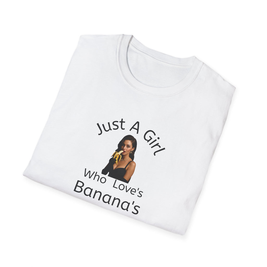 White t-shirt with text and graphic of a girl holding bananas on a white background