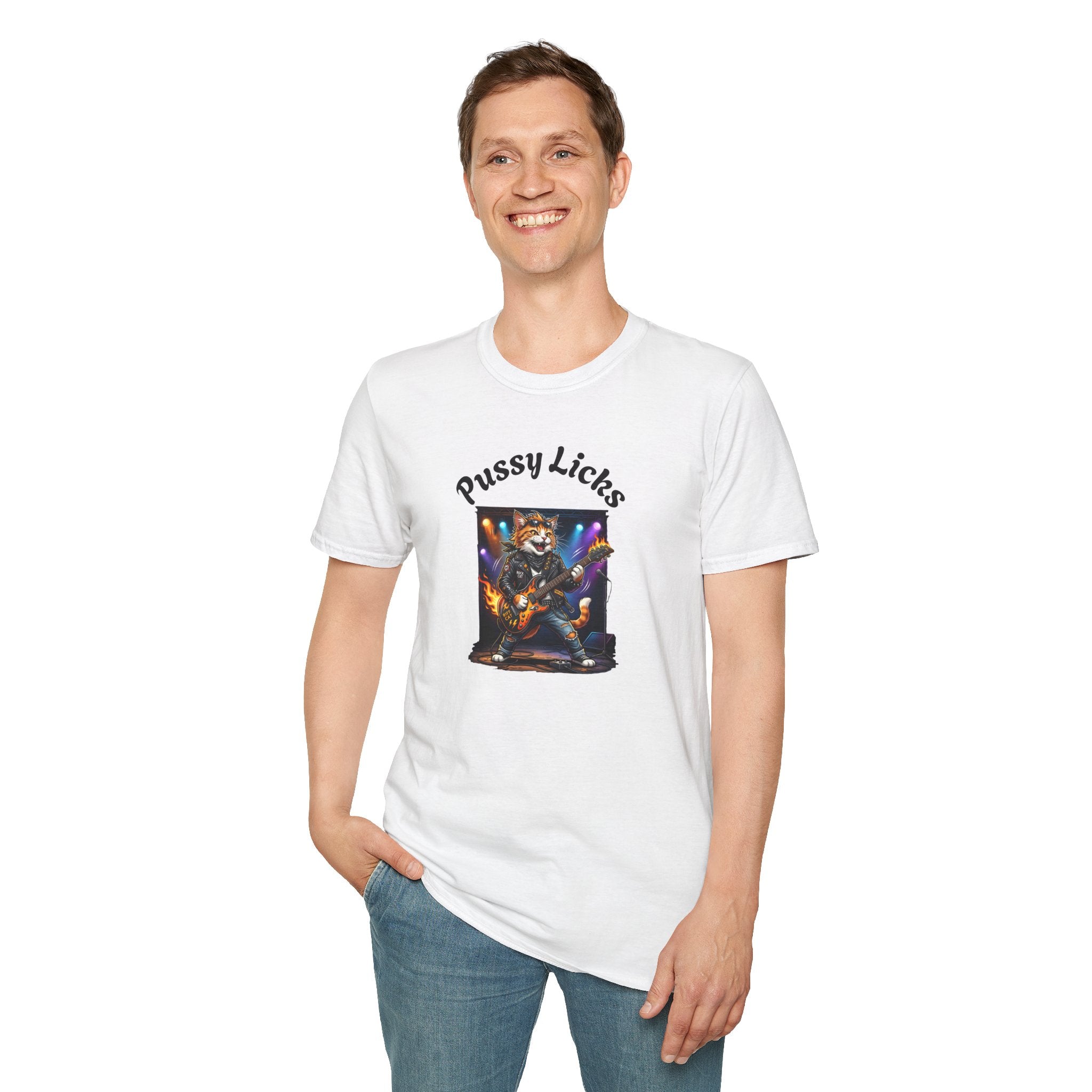 T-Shirt — "Pussy Licks" Rock Cat Guitarist Graphic Tee Printify