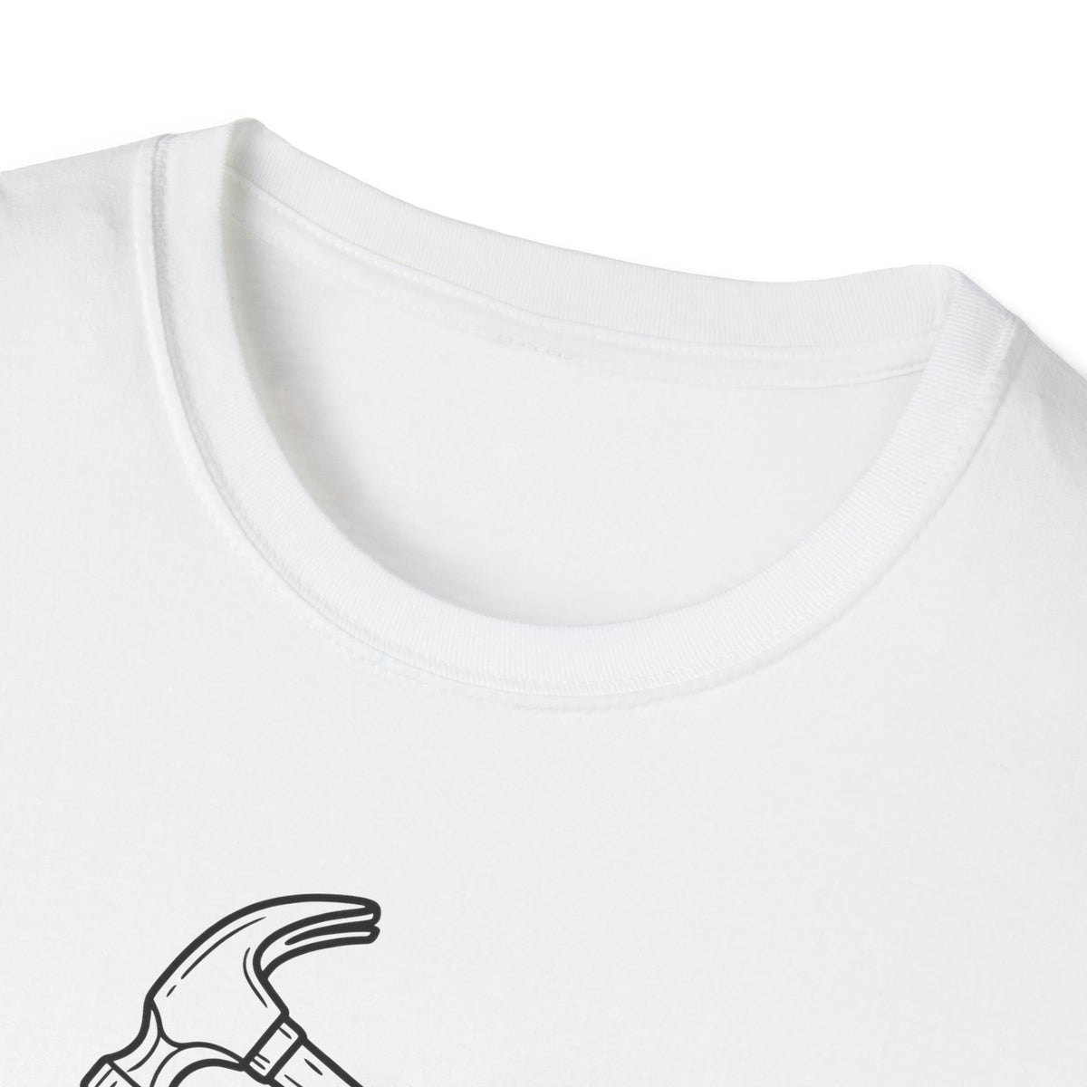 Close-up of a white crew-neck t-shirt showing the inner collar and a partial black line-art graphic of a hammer at the bottom left.