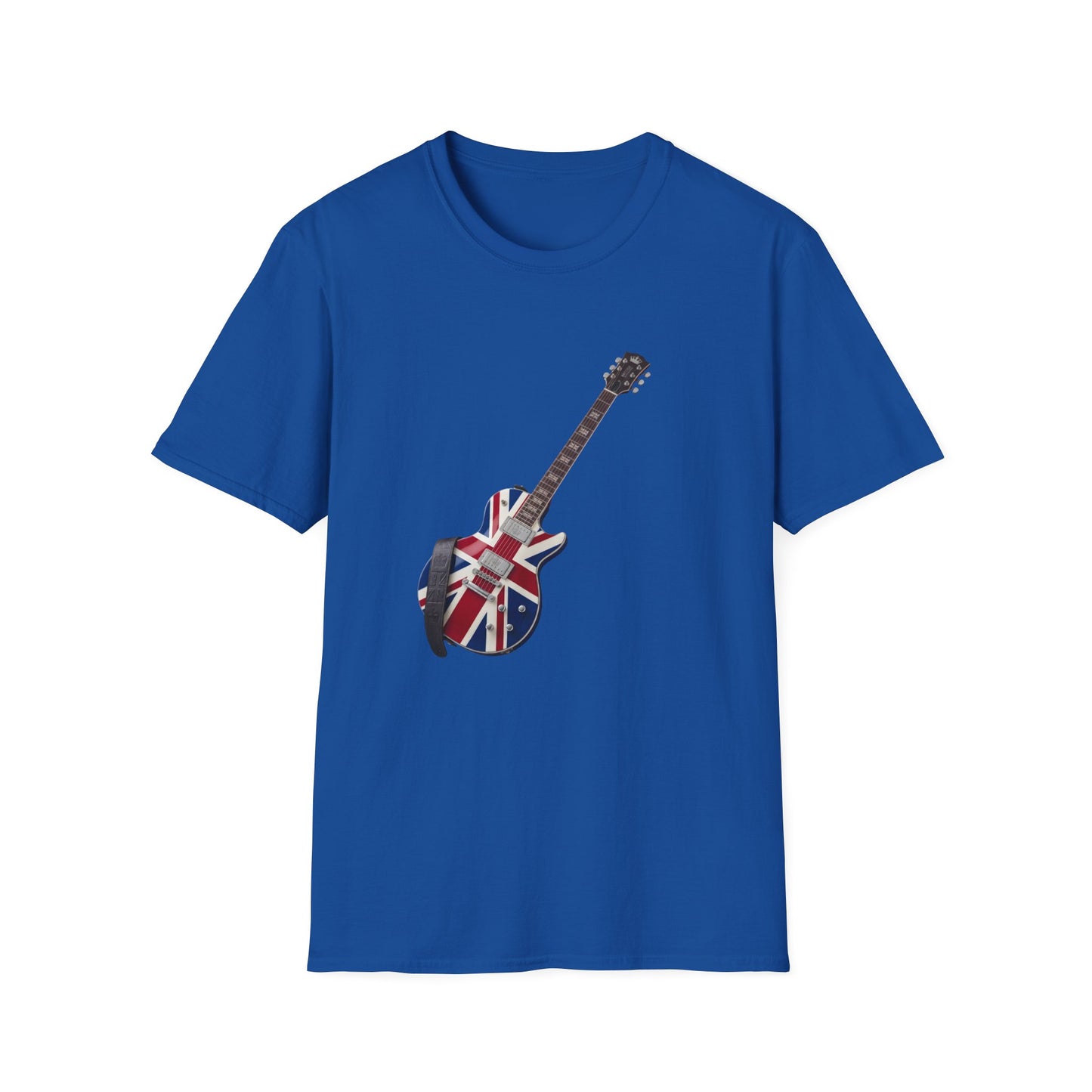 Blue t-shirt with a guitar design featuring the Union Jack on a white background