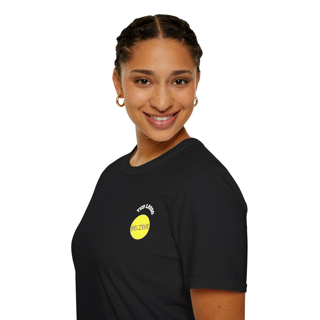 Person wearing a black t-shirt with a yellow logo on a white background