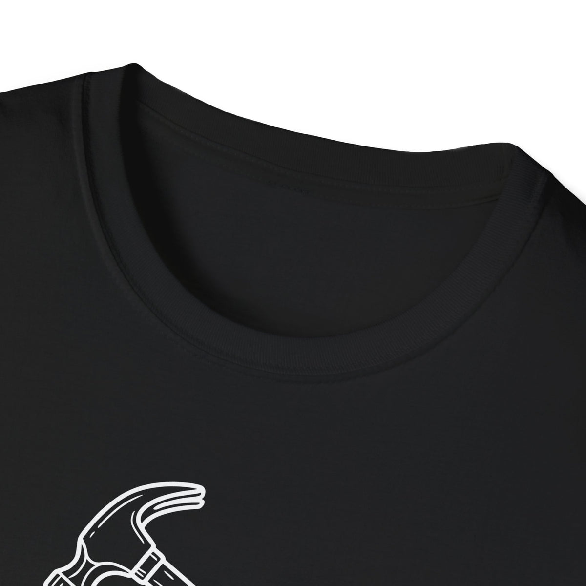 Close-up of a black crew-neck t-shirt showing the inner collar and a small white line-art hammer graphic on the chest, set against a plain white background.