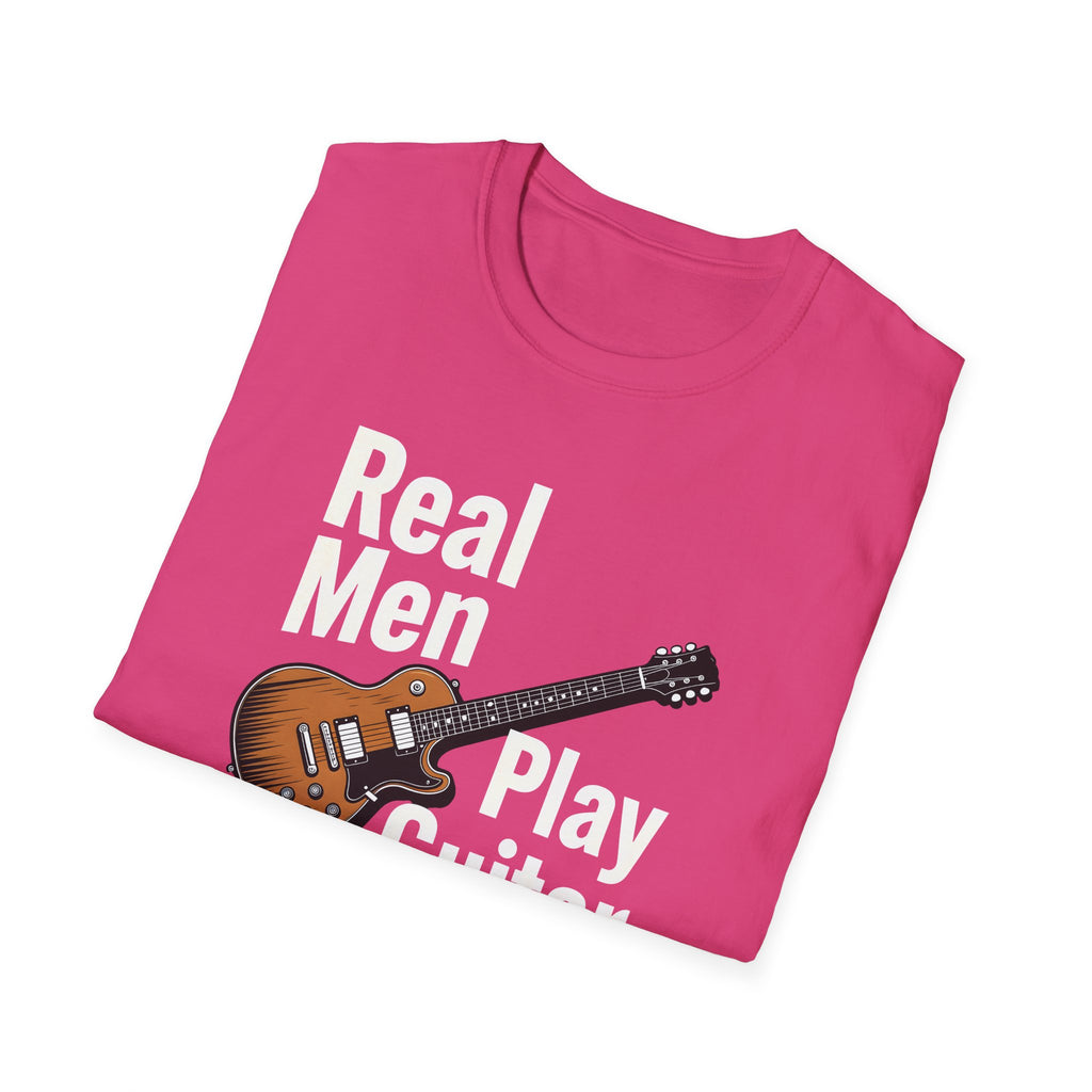 Pink t-shirt with guitar graphic and text on a white background