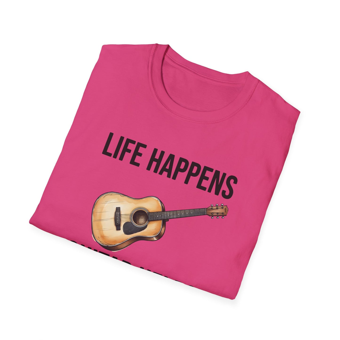 Life Happens Guitar Helps T-Shirt | Funny Acoustic Guitar Player Tee | Musician Gift Printify