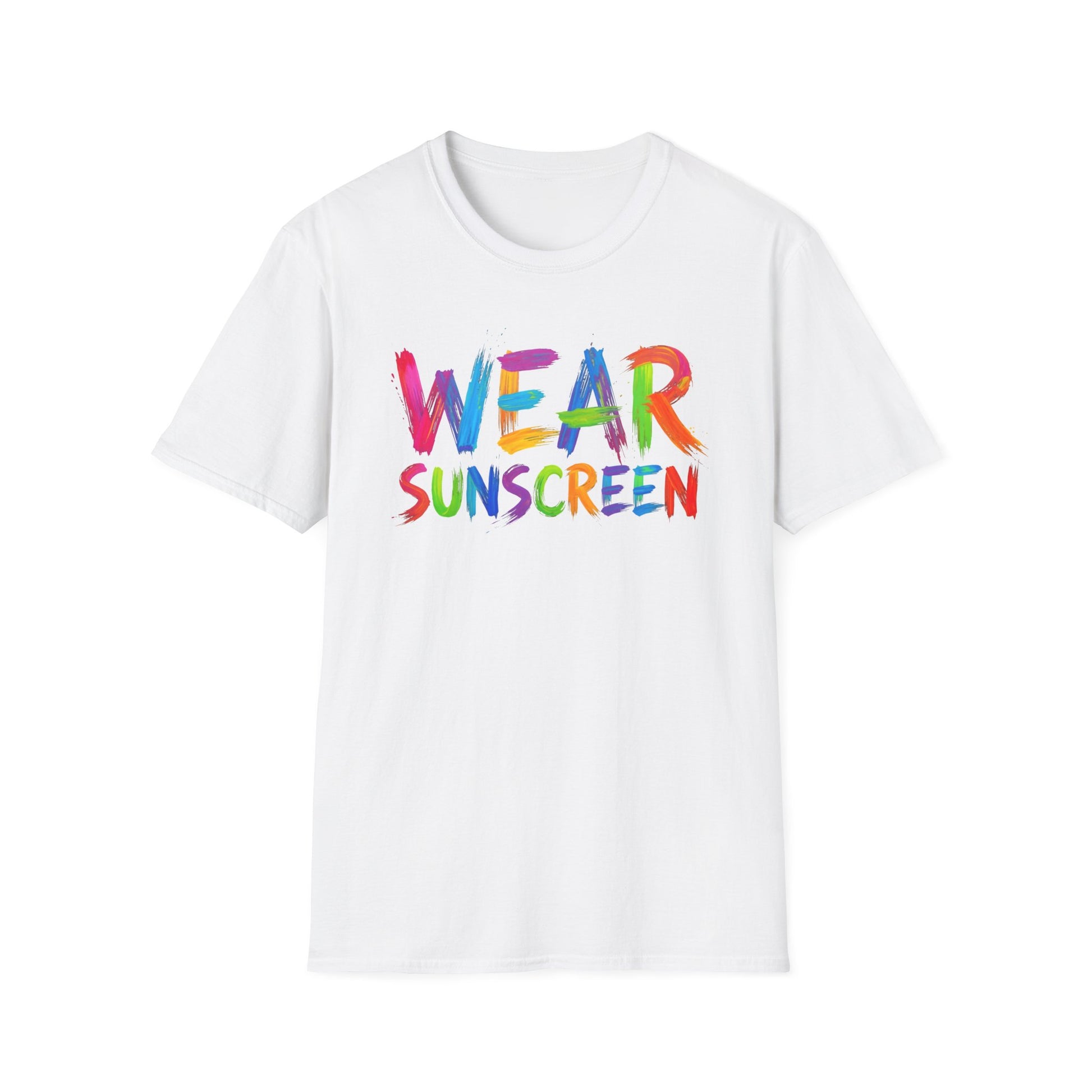Wear Sunscreen T-Shirt — Colorful Brushstroke Sun Safety Tee Printify