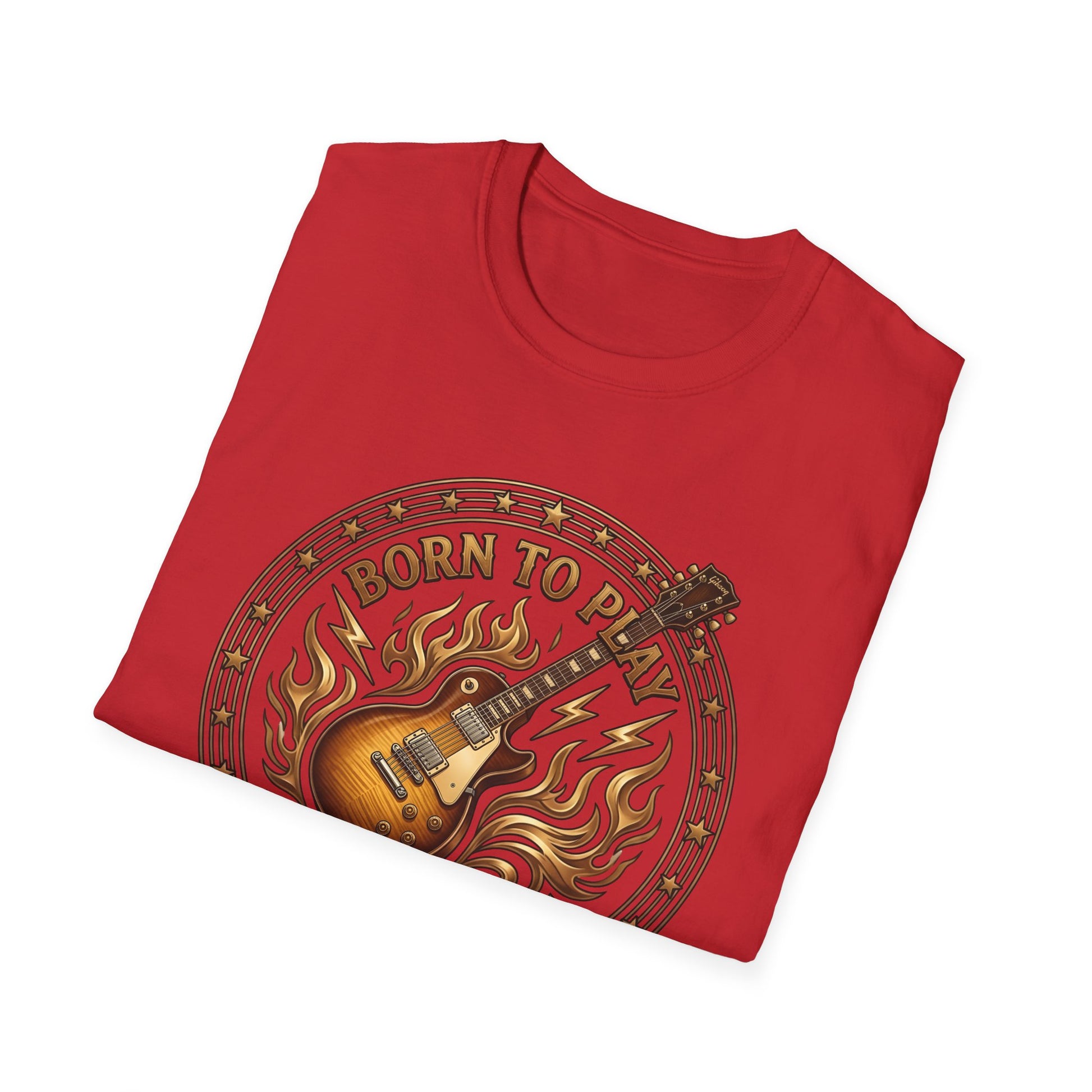 Folded red t-shirt with a guitar graphic and 'Born to Play' text on a white background