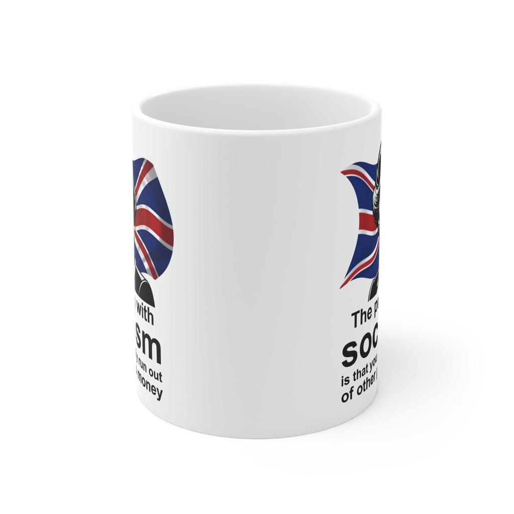 Margaret Thatcher coffee mug with famous quote "The problem with socialism is that you eventually run out of other people's money" on Union Jack background – Conservative gift from Fat Boris Store