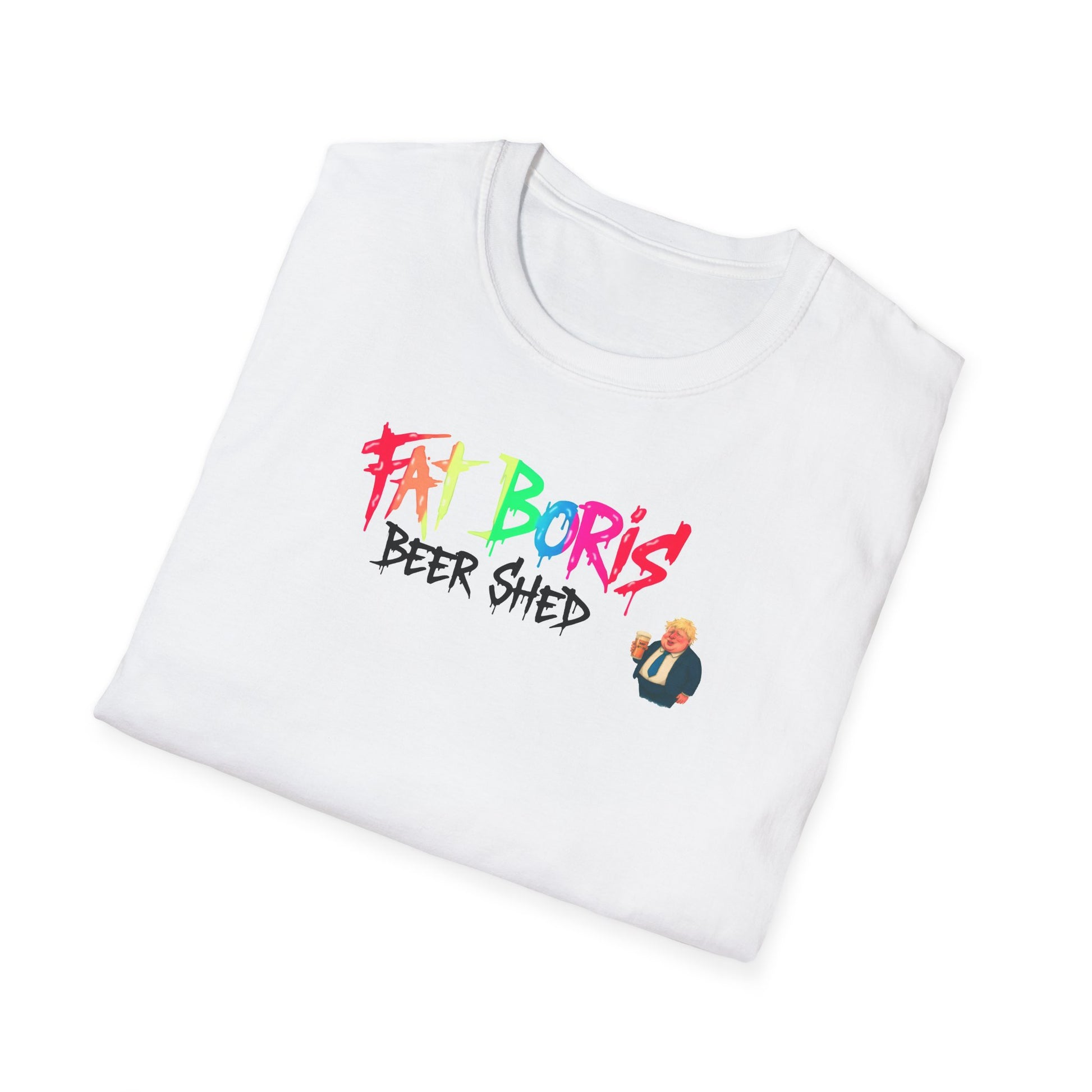 Folded white Fat Boris Beer Shed Colourful Logo T-Shirt