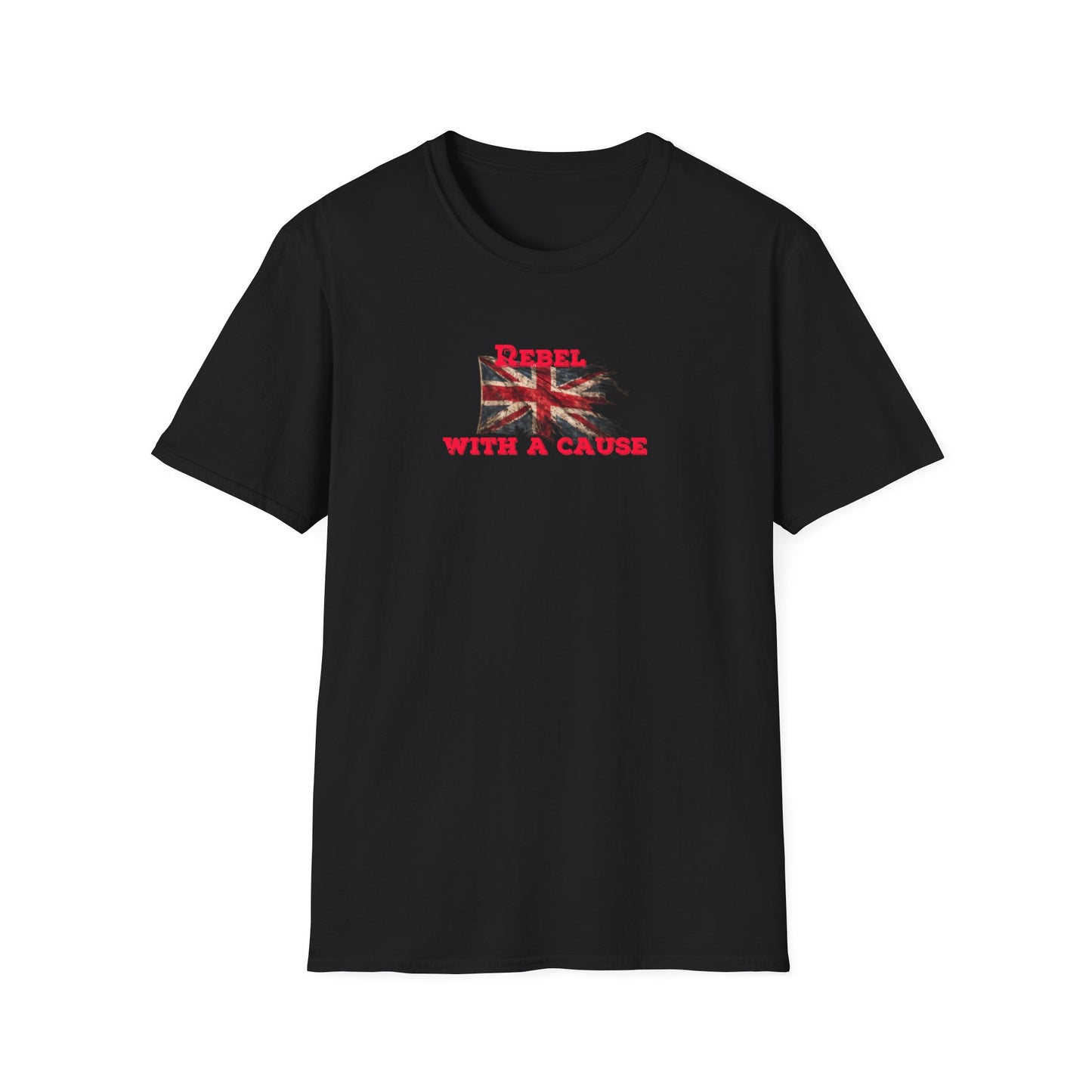 Black t-shirt with a Union Jack design and text 'Rebel with a Cause' on a white background