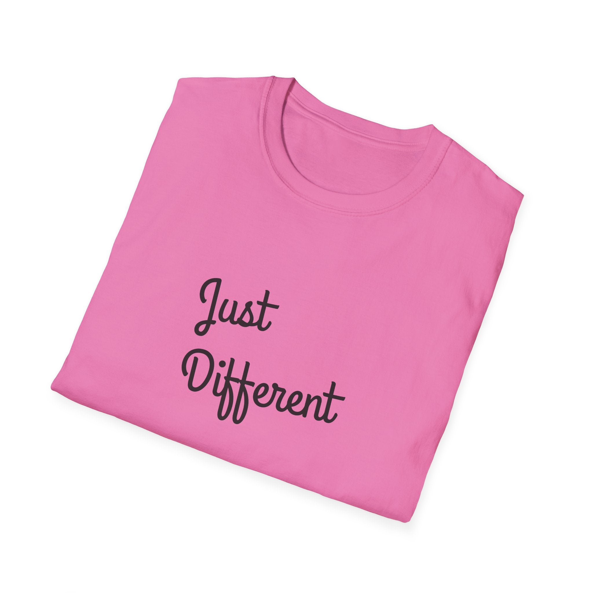 Pink t-shirt with 'Just Different' text on a white background