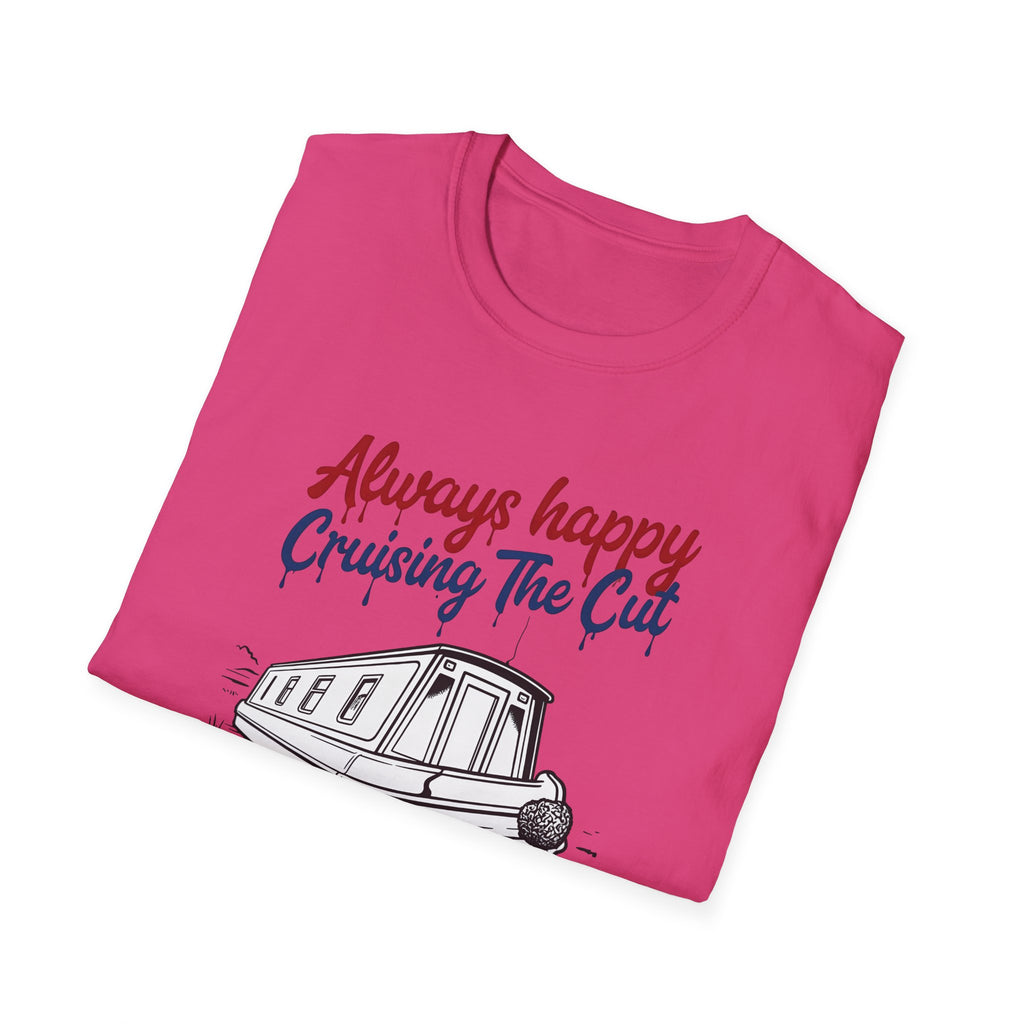 Pink t-shirt with 'Always happy Cruising The Cut' text and graphic on a white background