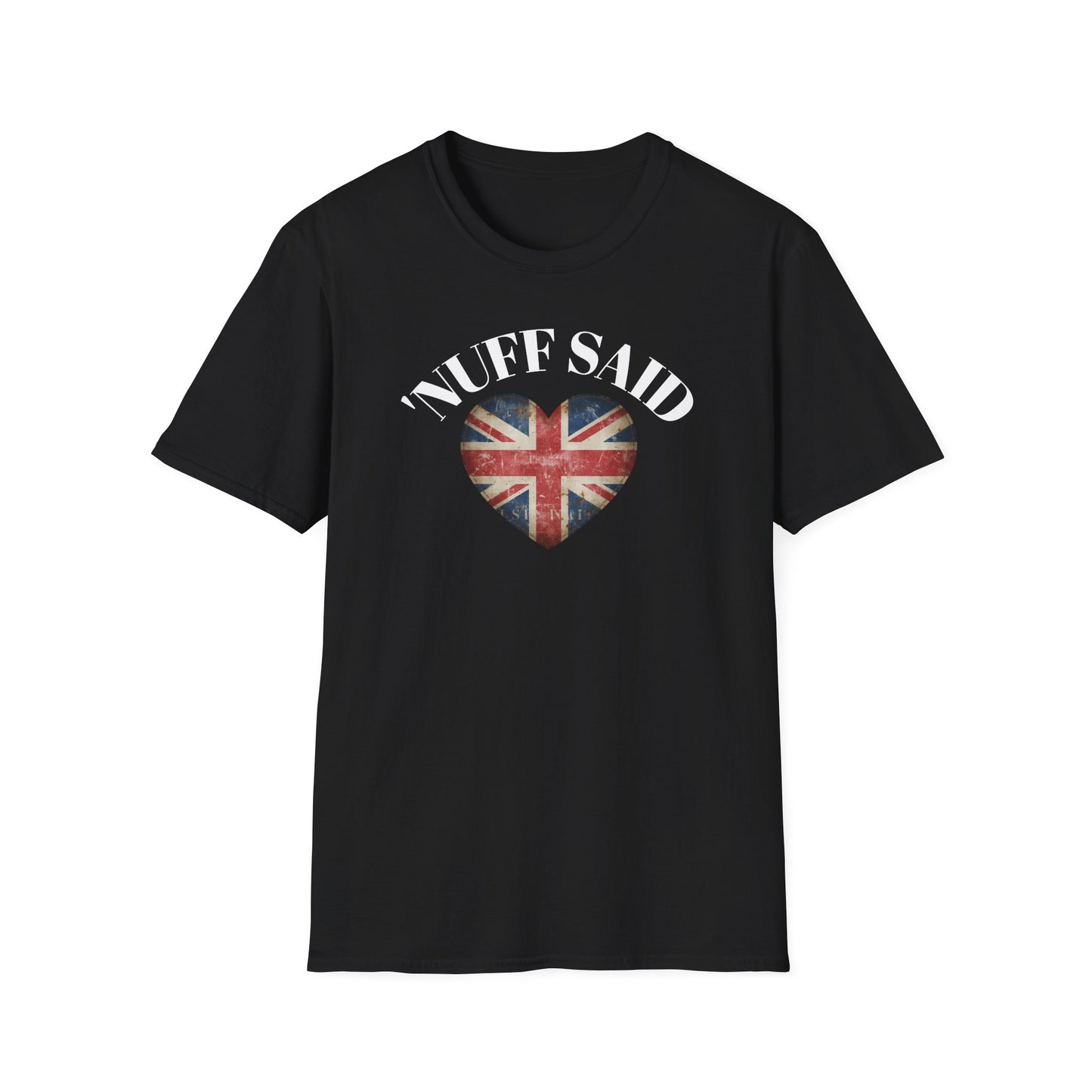 Black t-shirt with 'Nuff Said' and A VINTAGE British UNION JACK flag design on a white background