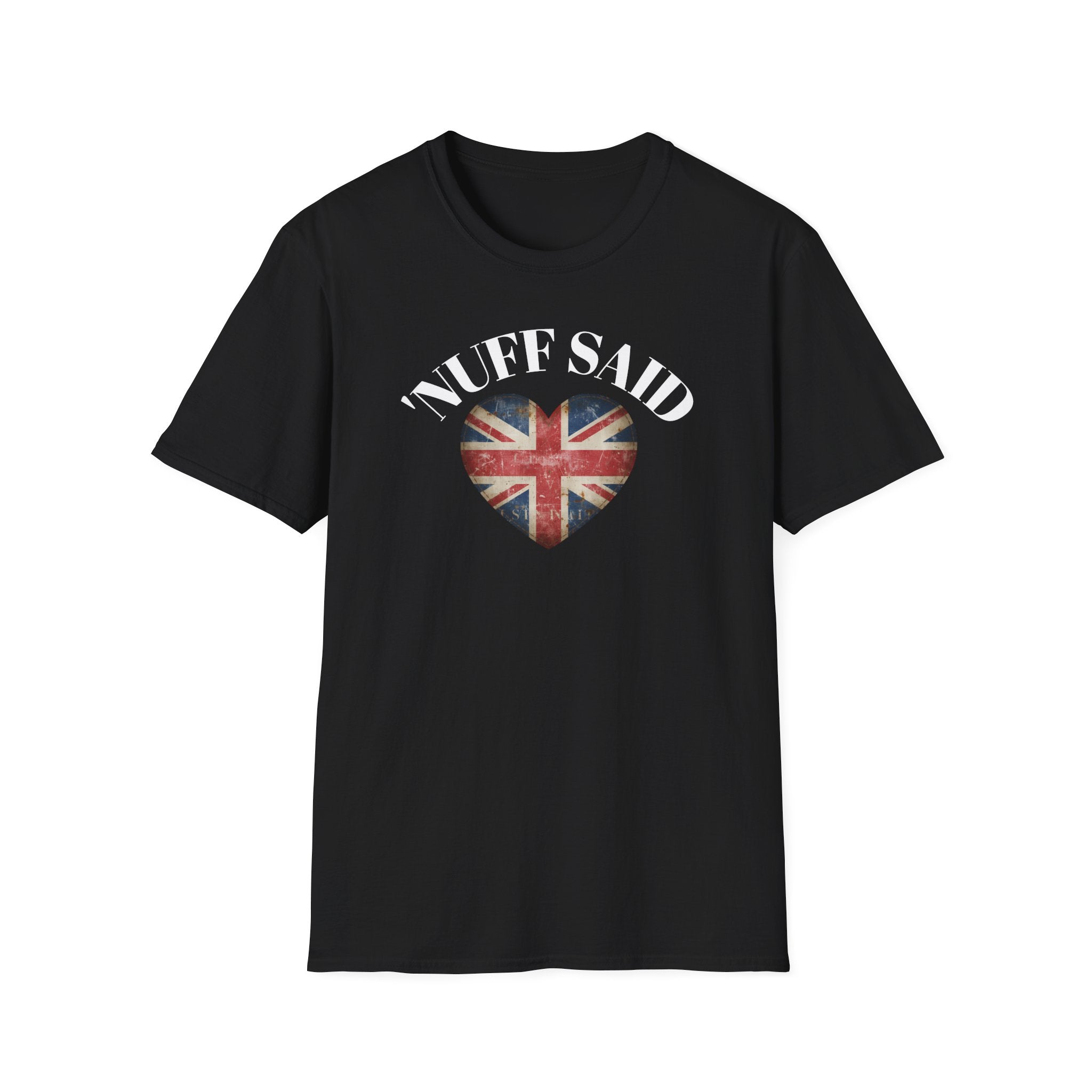 Black t-shirt with 'Nuff Said' and A VINTAGE British UNION JACK flag design on a white background