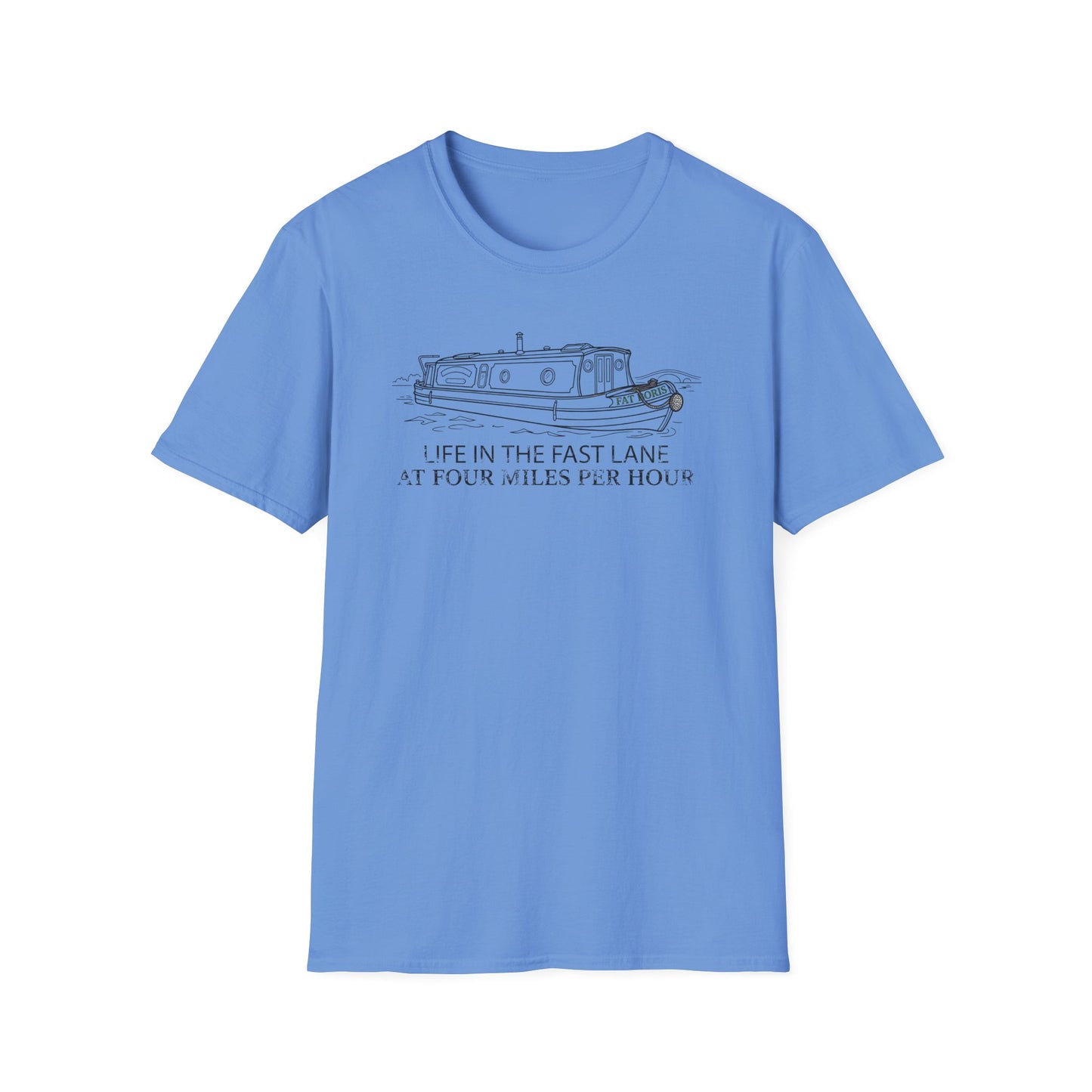 Fat Boris Canal Boat T-Shirt — "Life in the Fast Lane at Four Miles Per Hour" Vintage Narrowboat Tee