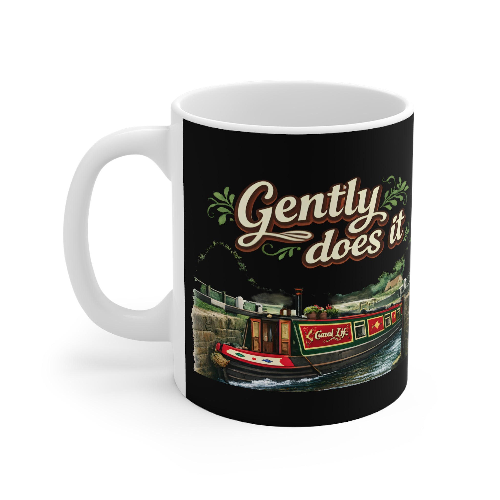 Gently Does It Canal Boat Mug — 11oz Scenic Narrowboat Coffee Cup Printify