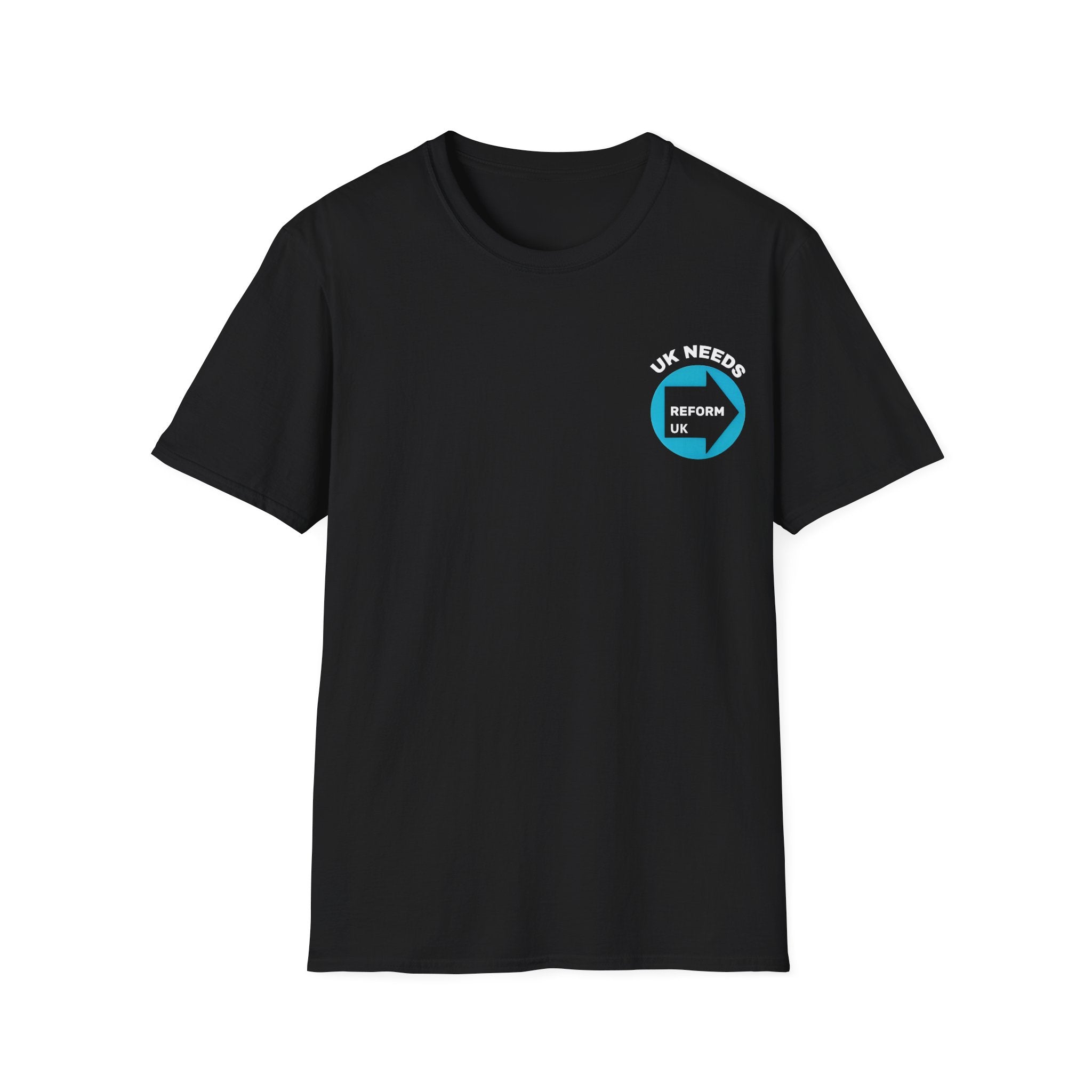 Black t-shirt with UK NEEDS REFORM LOGO, a blue and white logo on a BLACK background