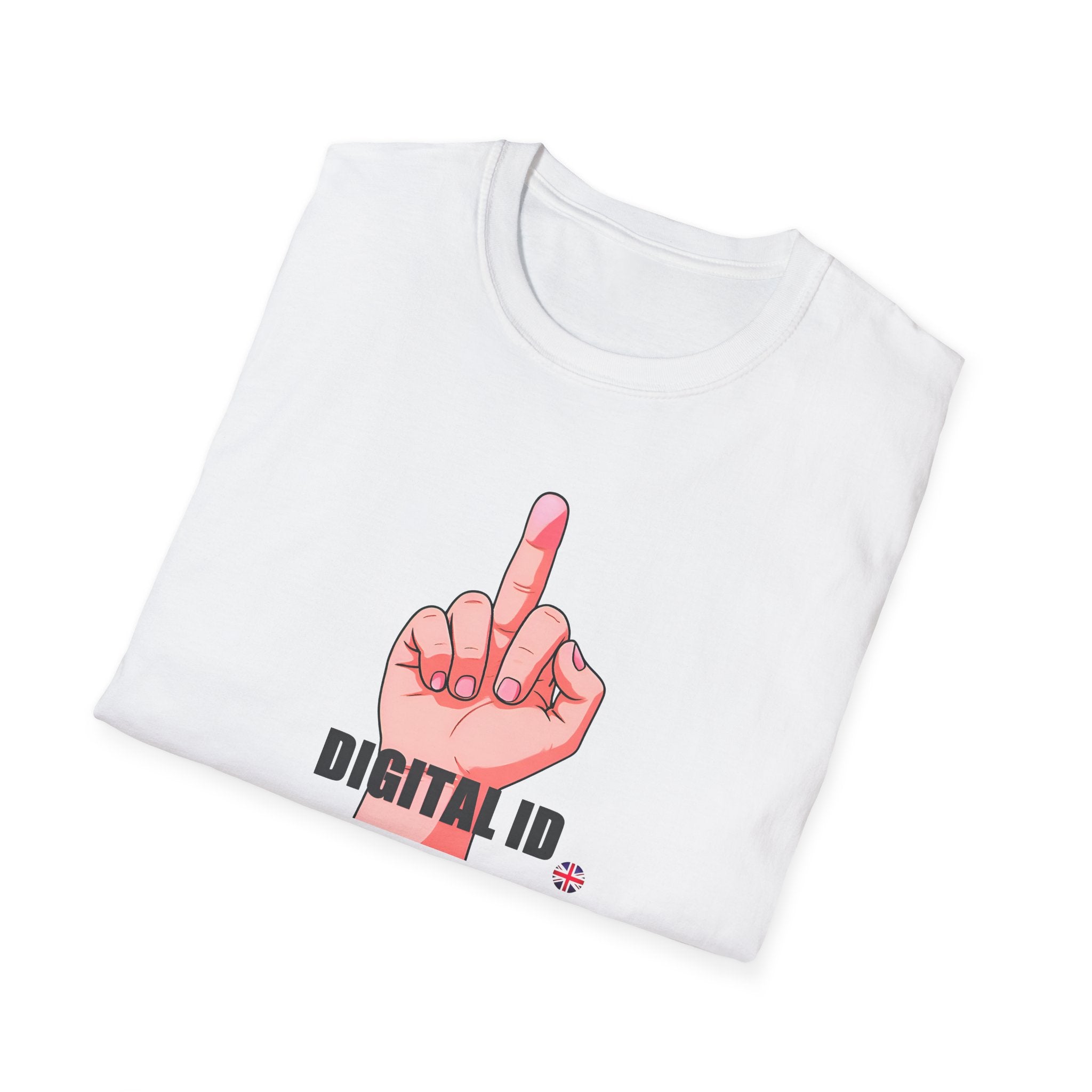 Folded White t-shirt with a graphic of a hand making a middle finger gesture and the text 'DIGITAL ID' on a white background.