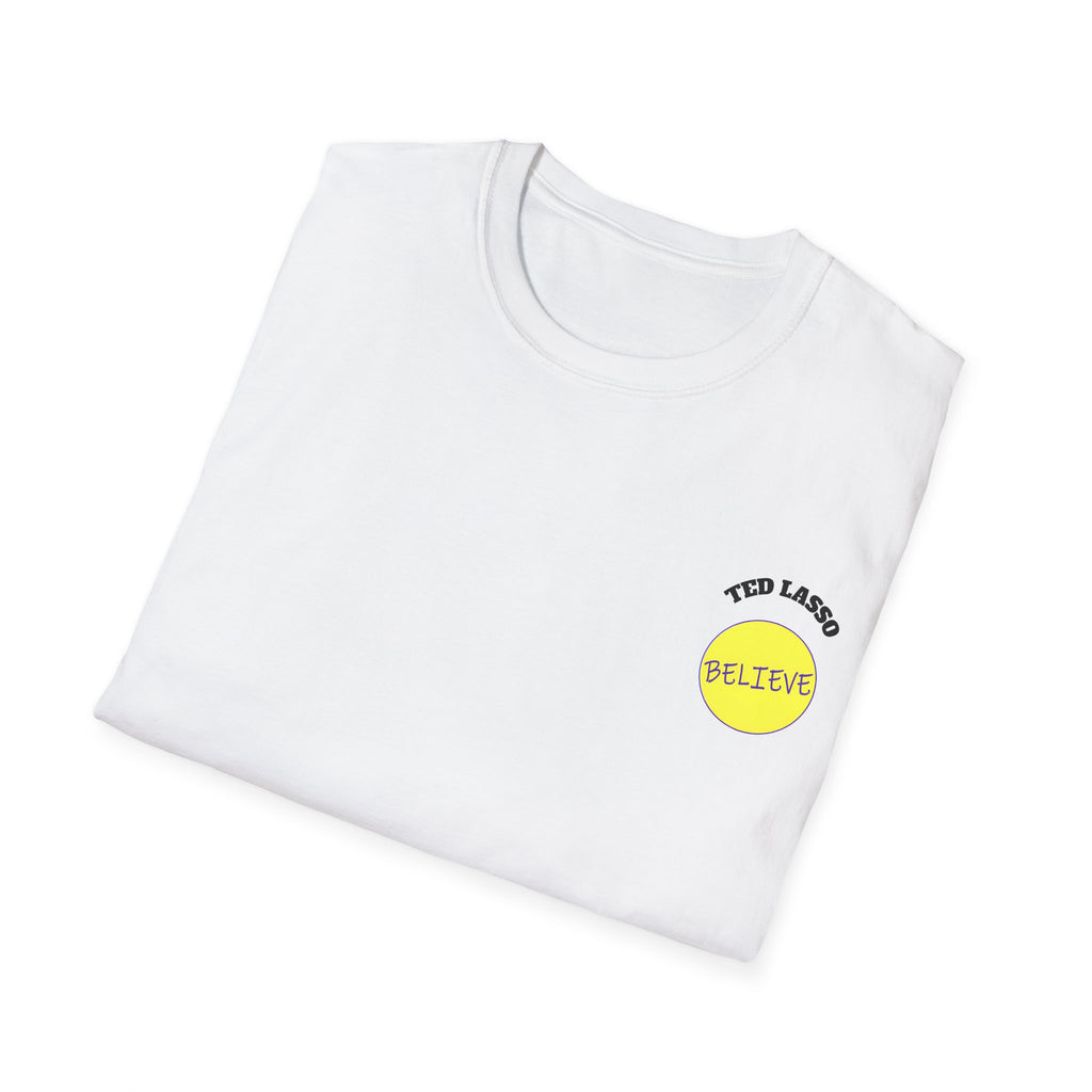 Folded White t-shirt with 'Ted Lasso Believe' logo on a white background