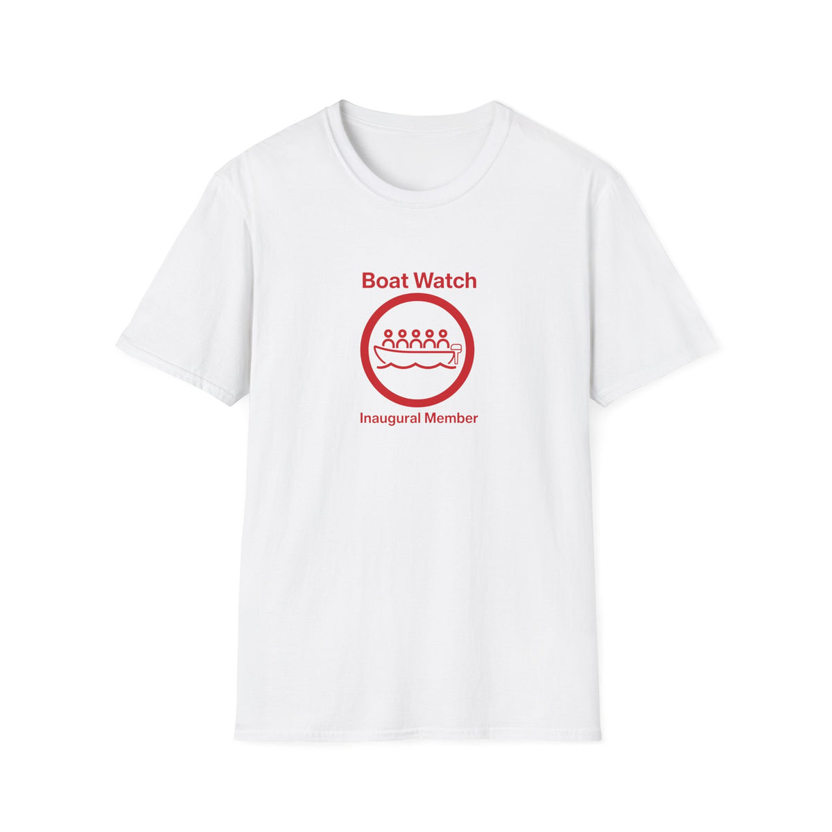 A white short-sleeve crewneck t-shirt with a red graphic on the chest reading 'Boat Watch' and 'Inaugural Member' around a circular boat illustration.