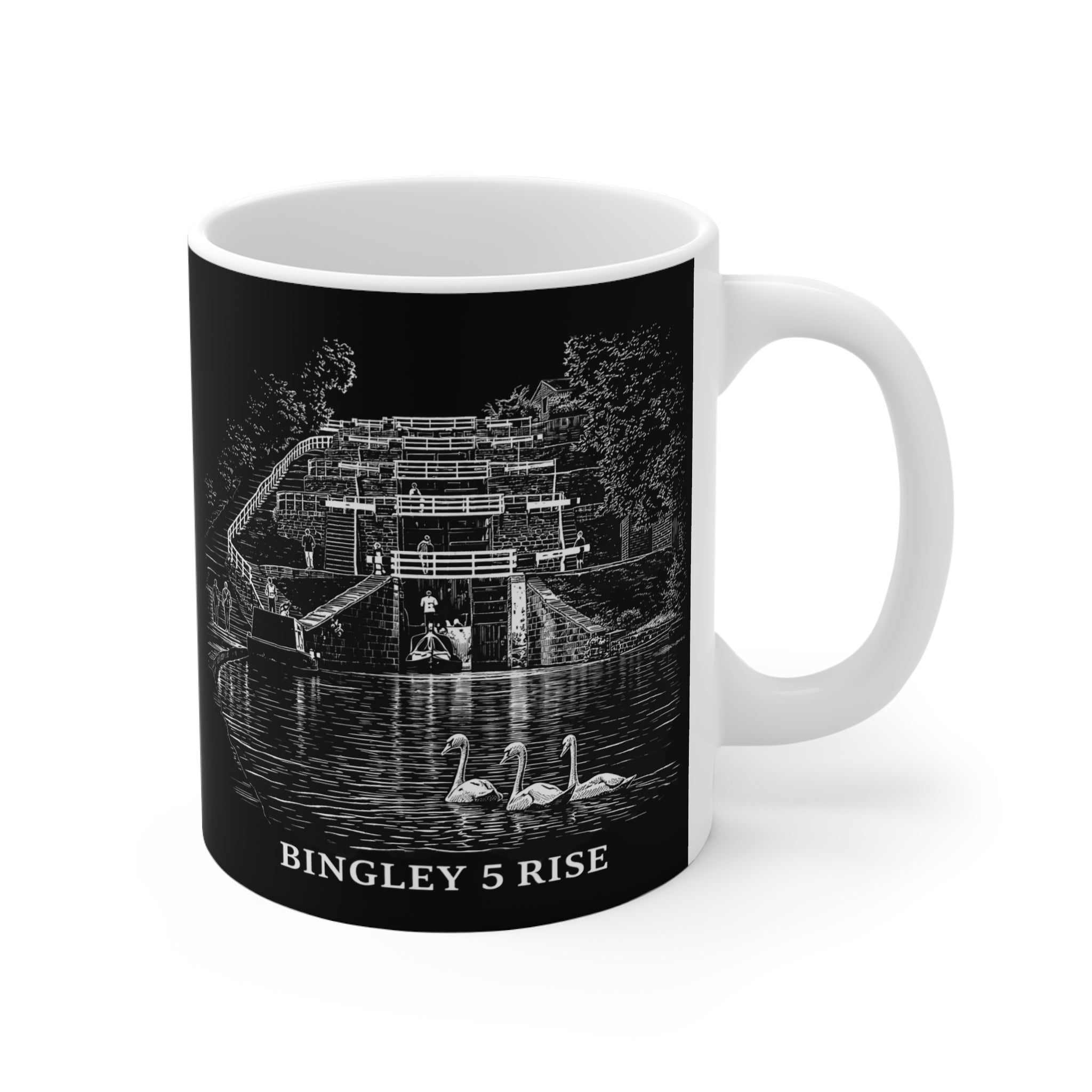 Historic Bingley 5 Rise Locks Mug — Scenic Canal Lock Illustration Coffee Cup
