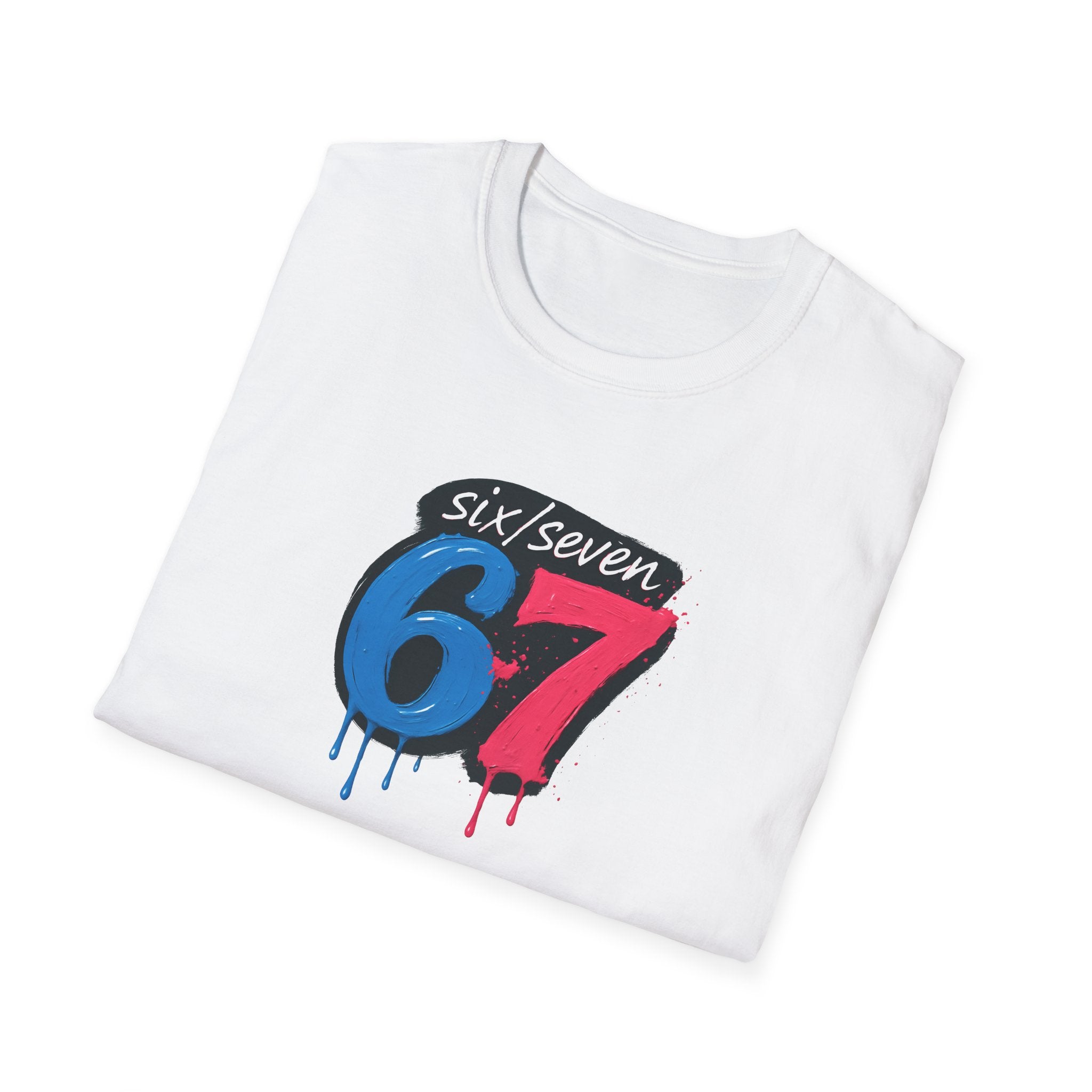 Folded White t-shirt with colourful '67' design on a white background