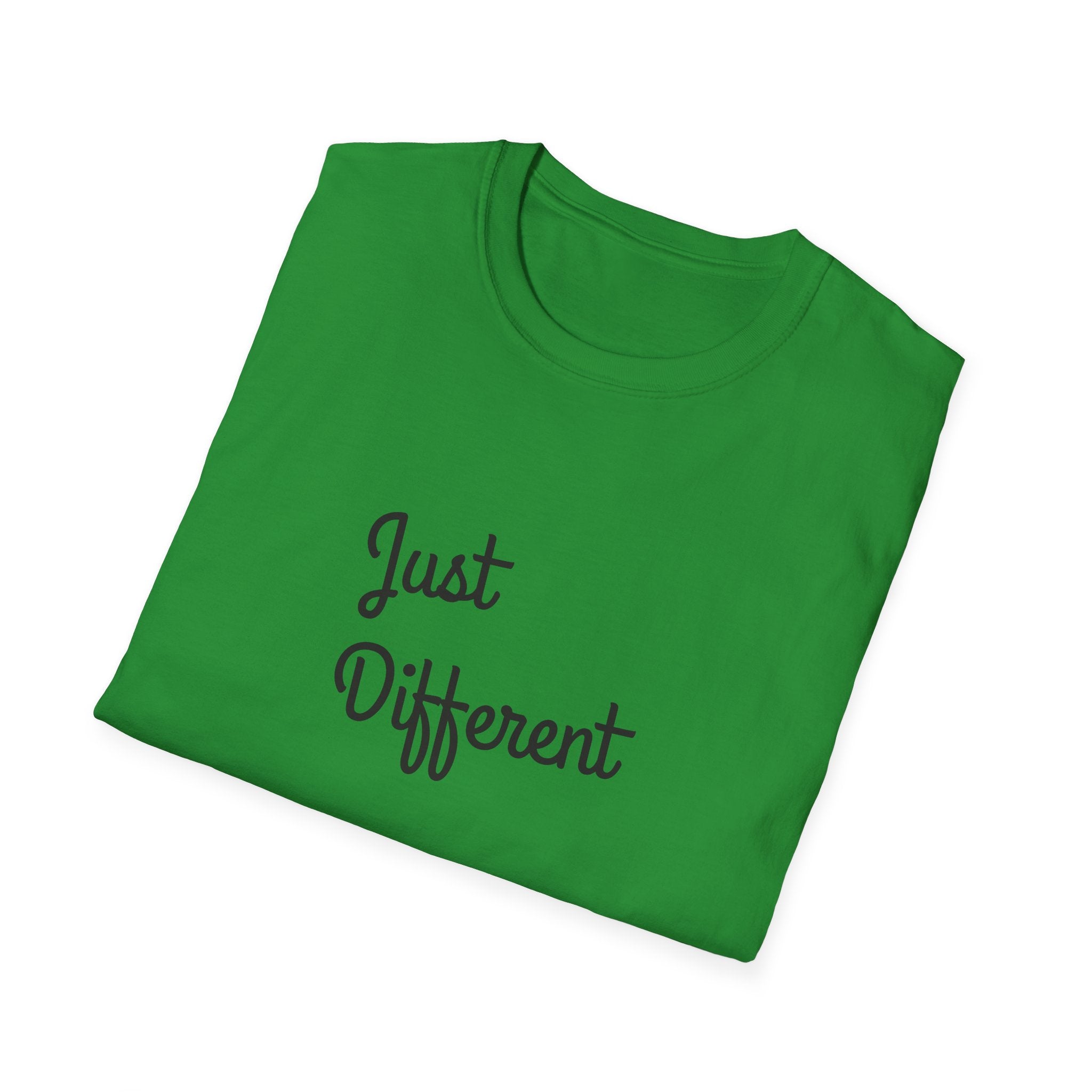 Green t-shirt with 'Just Different' text on a white background