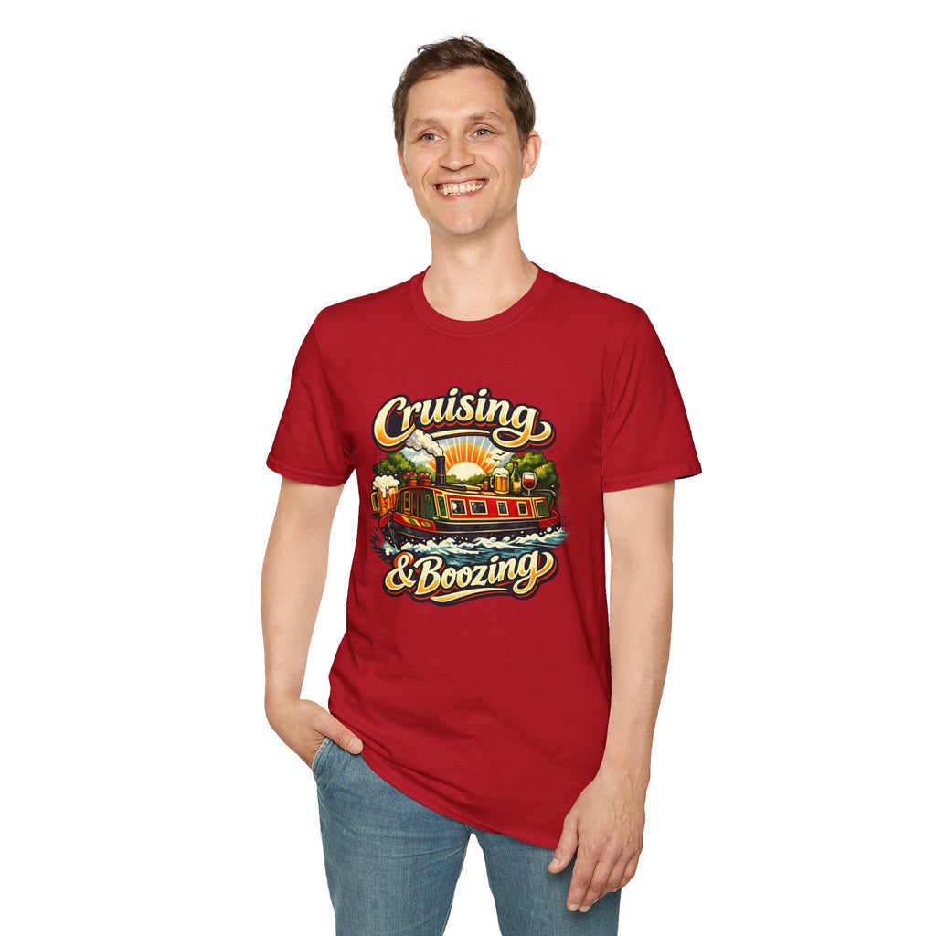 Man wearing a red t-shirt with 'Cruising & Boozing' graphic design on a white background